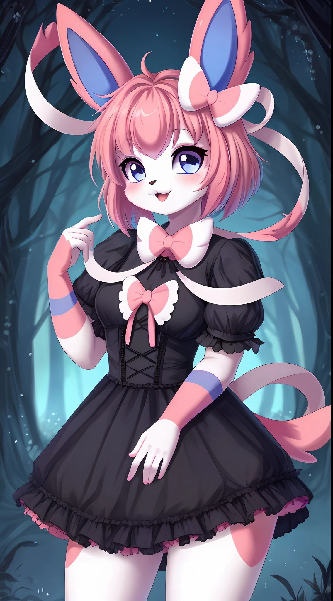 4K, master piece, best quality, Kawaii, cute, sfw, sylveon, hioshiru, goth frilly dress, bob cut