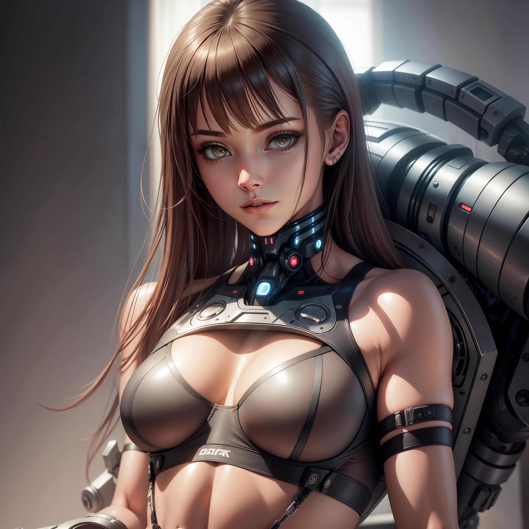 Beautiful cybernetic girl looking at camera underwear detailed muscles realistic masterpiece