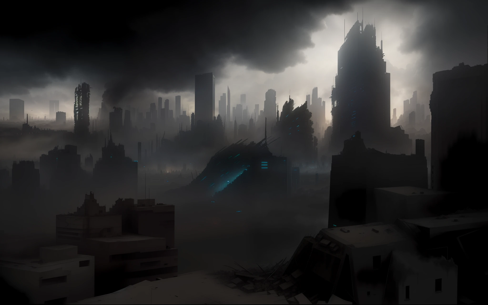 a picture taken from a high angle of a city with a lot of buildings, apocalyptic city, destroyed city, destroyed city in the background, landscape of apocalypse city, dystopin future, apocalyptik city, dystopian scifi apocalypse, apocalyptic scene, in postapocalypse city, post - apocalyptic city, dystopian atmosphere, post apocalyptic city, post apocalyptic atmosphere
