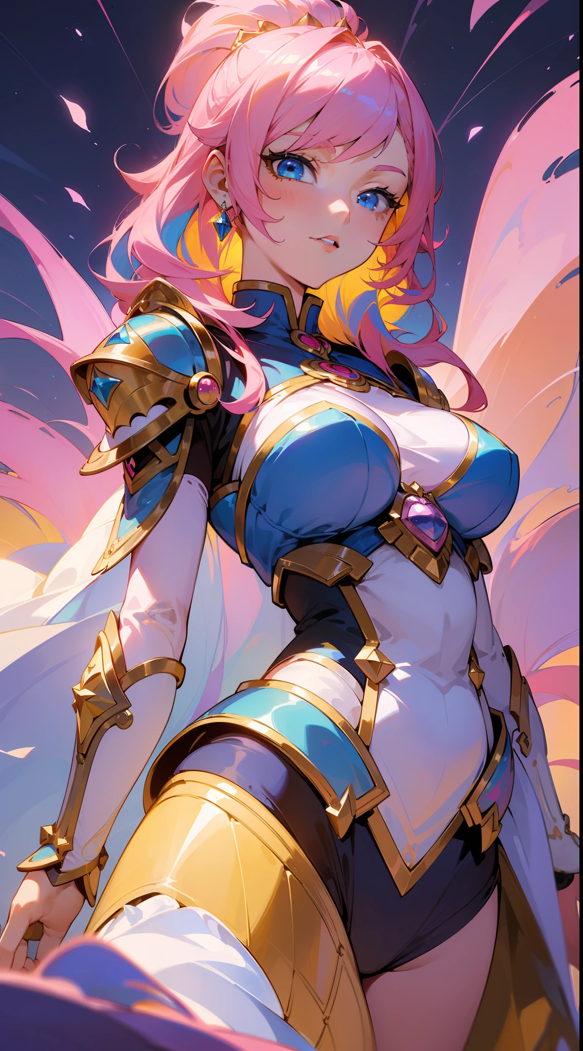 "((masterpiece)), high quality, exquisite and beautiful illustration, dynamic and sexy, serious girl in ice cream armor, with extremely detailed cookie hair, beautiful facial details, ((blue eyes)) and ((pink hair: 1.3+yellow hair)) , magical atmosphere, night sky background, magic light source, dynamic perspective"