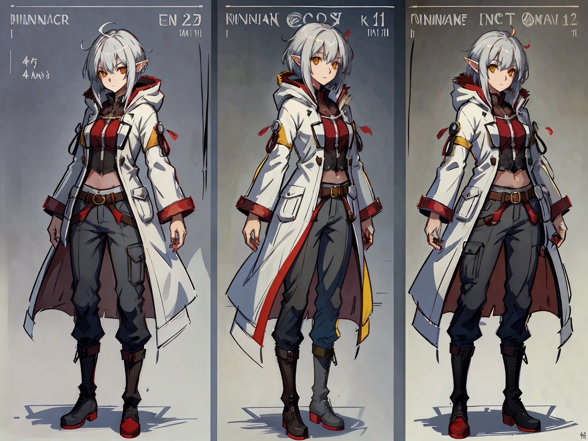 dynamic series of drawings showing a skinny, sorcerer elf girl thin, fragile, straight hair, disheveled hair, (white coat with red accents, killer-style coat, fantasy (pants), boots), adventurer's clothes, glowing eyes, (gray hair: 1.2), (bob's haircut), (yellow eyes),, drawing character sheet, pose reference, drawings of the same character at different angles,in 6 poses. 8k,high quality, high resolution, 4k, hd,(well designed face), amazing face, (super detailed), beautiful eyes