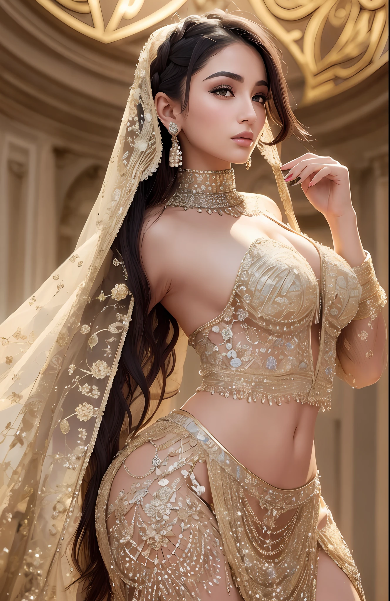 Masterpiece Photography Ultra realistic, hyper realistic, hyper details, 12k, 8k, 4k, The very beautiful woman from the Middle East has striking features, with sharp, defined features and a sculpted jawline. Her skin is olive-toned and smooth, with a golden undertone. Her hair is often dark and styled in an elaborate updo or intricate braid. She has a shapely figure and moves with grace and elegance، The woman from the Middle East wears a stunning and intricate traditional outfit, often consisting of a long, flowing gown or robe with intricate embroidery and beading.