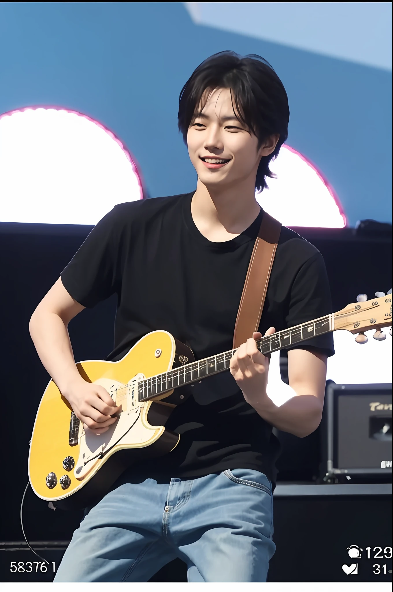 A man playing guitar at a concert for an audience, paparazzi footage, sunny weather, video screenshot