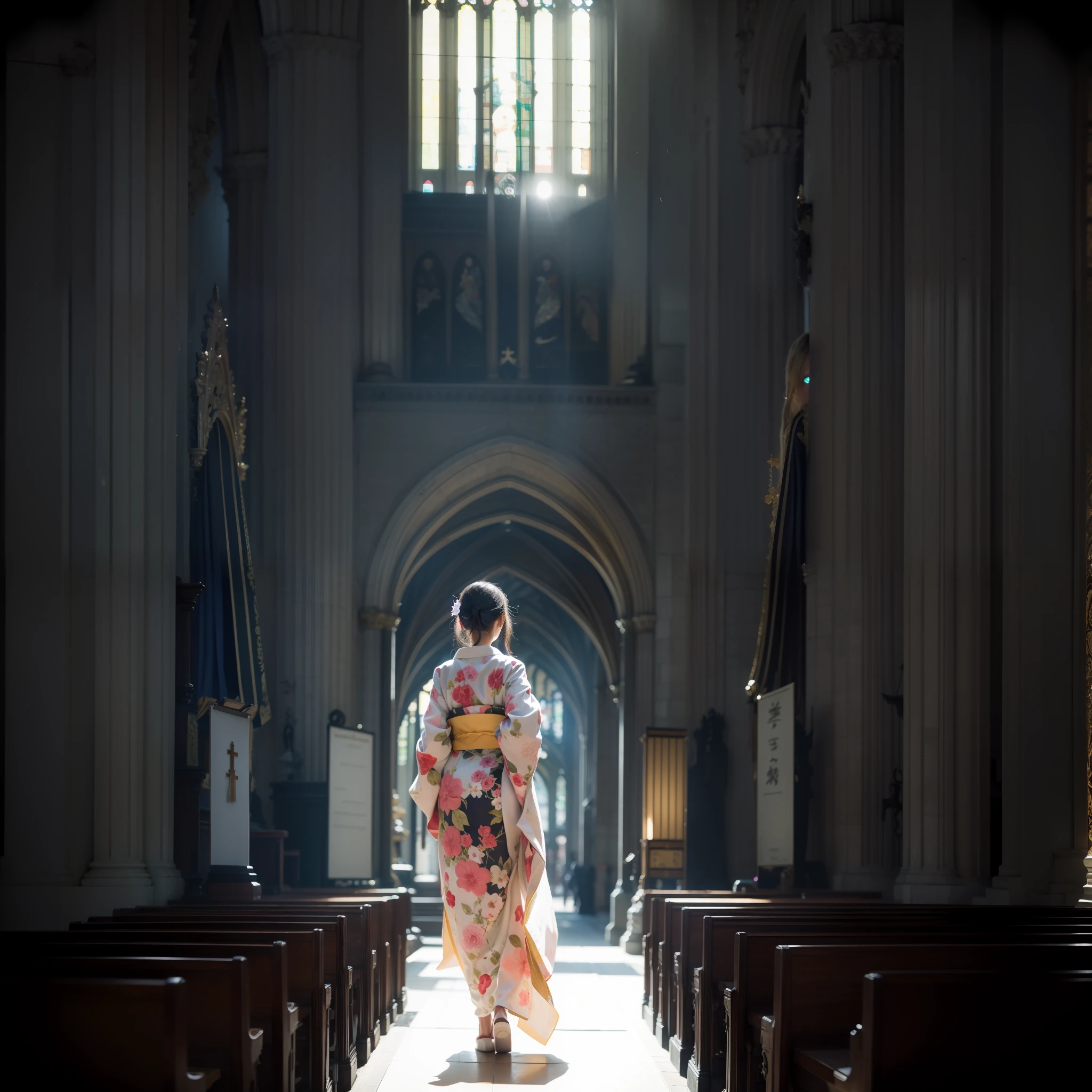 There is a beautiful teenage slender girl in a traditional kimono of Japan walking inside the dark church of Notre Dame Cathedral in Paris rendered in so detail. The floor beneath her feet shines beautifully reflecting the afternoon light. Her kimono shines beautifully in the afternoon light shining through the church's skylight. The kimono is traditional yet colorful, with a refined thin fabric, soft, with a cute obi on the back. season is early summer, small, best quality, real, photorealistic, best quality, masterpiece, very delicate and beautiful, very detailed, fine detail, ultra detail, high resolution, very detailed, real, ultra high definition, best quality, ultra high definition, high quality textures