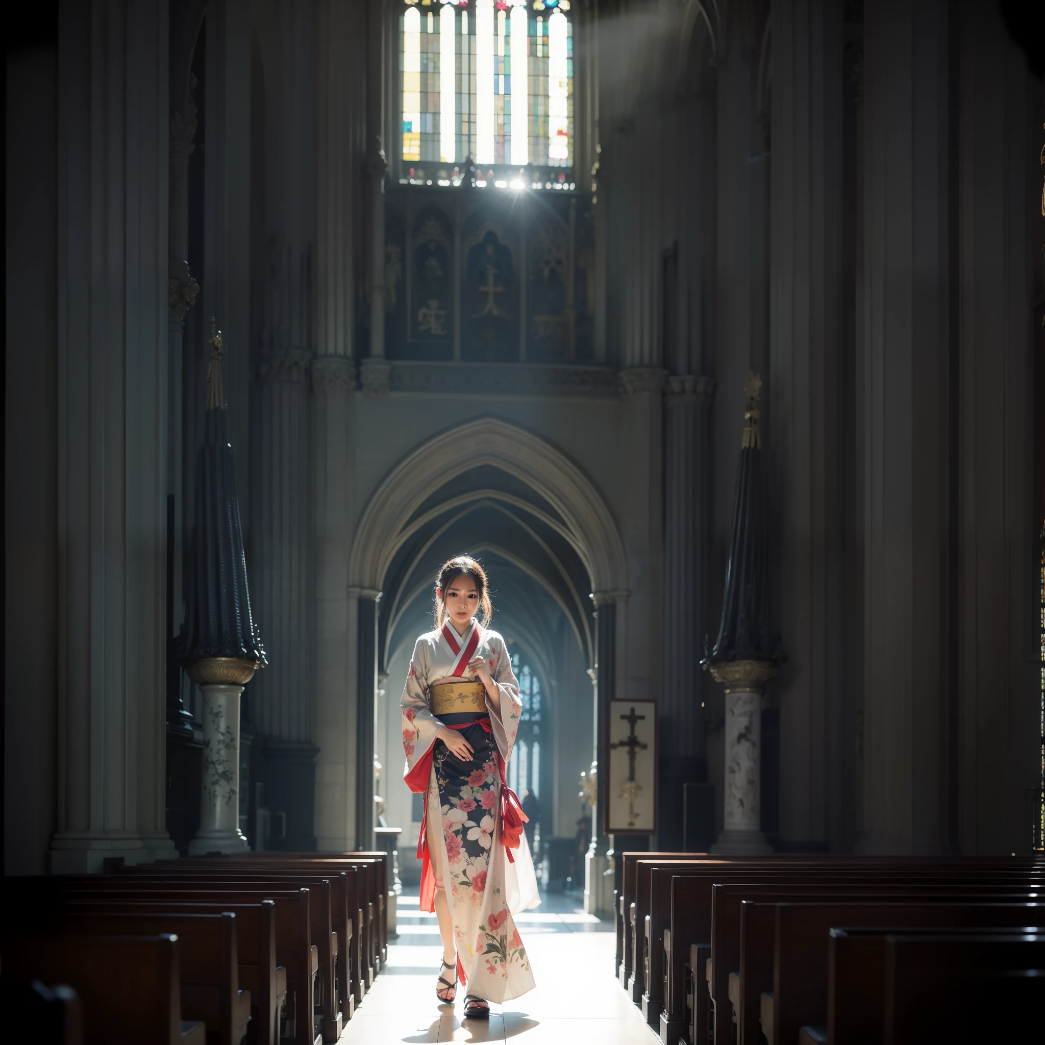 There is a beautiful teenage slender girl in a traditional kimono of Japan walking inside the dimly lit church of Notre Dame Cathedral in Paris rendered in so detail. The floor beneath her feet shines beautifully reflecting the afternoon light. Her kimono shines beautifully in the afternoon light shining through the church's skylight. The kimono is traditional yet colorful, with a refined thin fabric, soft. Small breasts, Best quality, Realistic, Photorealistic, Best quality, Masterpiece, Very delicate and beautiful, Very detailed, Fine detail, Ultra detail, High resolution, Very detailed, Realistic, Ultra high definition, Best quality, Ultra high definition, High quality textures