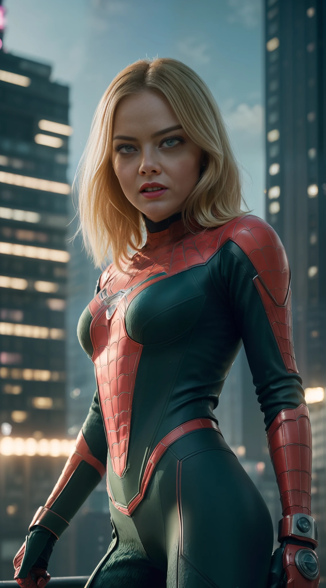 1girl, (((solo))), Emma Stone dressed in Spiderman uniform ((((complex details, absurd, futuristic, textured))). Medium blonde hair. Detail green eyes. Highly detailed face, slightly pink cheeks, mascara in the eyes, red lipstick in the mouth, proud facial expression. Hair sways in the wind (((insane details))). Full-length portrait showing an imposing posture, towards the viewer. Head proportional to the body. It is perched on the edge of a tall building, city with many buildings ((((insane details, high quality))). Cinematic lighting. Hyper realistic, highly detailed, cinematic, movie poster. 8K