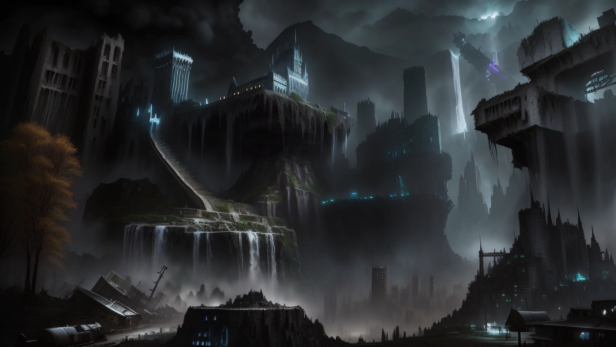 there is a dark city with a waterfall and a castle in the background, apocalyptic city, destroyed city in the background, dark city ruins, destroyed city, apocalyptic city backround, dark ruins landscape, landscape of apocalypse city, apocalyptic scenery, apocalyptic environment, outdoors ruined cityscape, apocalyptic landscape, dystopian digital art, apocalyptic art, ruined city in background