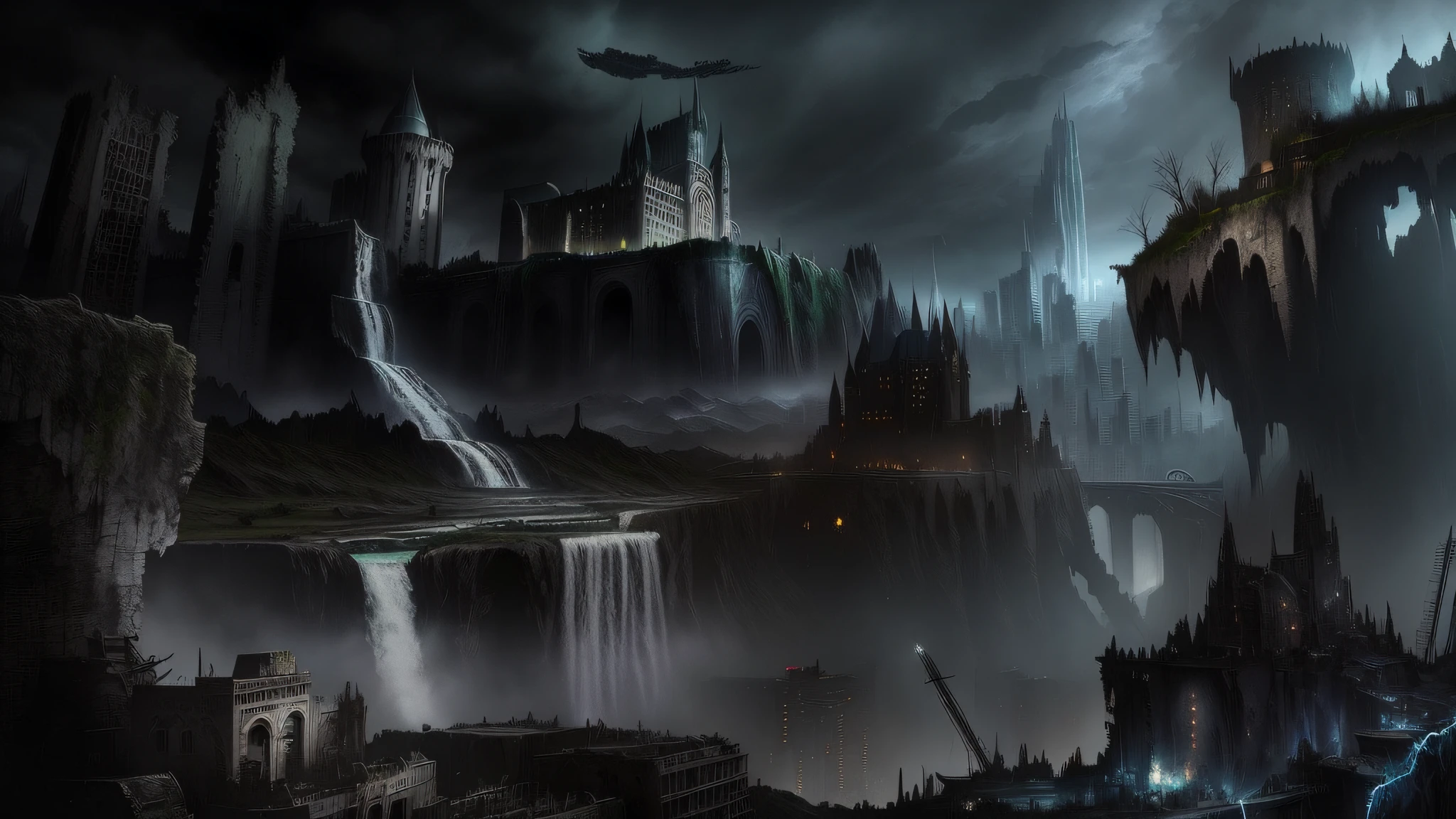 there is a dark city with a waterfall and a castle in the background, apocalyptic city, destroyed city in the background, dark city ruins, destroyed city, apocalyptic city backround, dark ruins landscape, landscape of apocalypse city, apocalyptic scenery, apocalyptic environment, outdoors ruined cityscape, apocalyptic landscape, dystopian digital art, apocalyptic art, ruined city in background