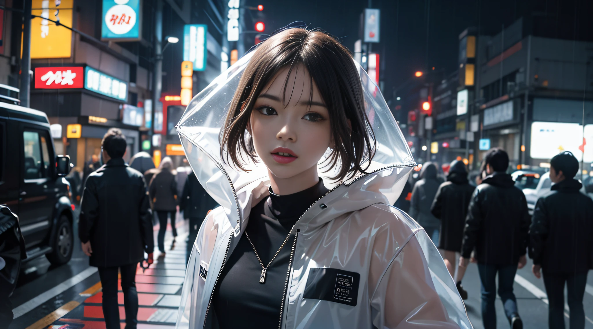 wearing a pvc transparent cover, amazing girl look for the camera, worm view, night, misty, rain, there is a person walking up a set of wide avenue in a city, streets of Tokyo, street of Tokyo, in Tokyo, city like Tokyo, walking over a tiny city, cyberpunk, artwork of a Tokyo street, man walking through city, style by Anthony Presley, Deviantart