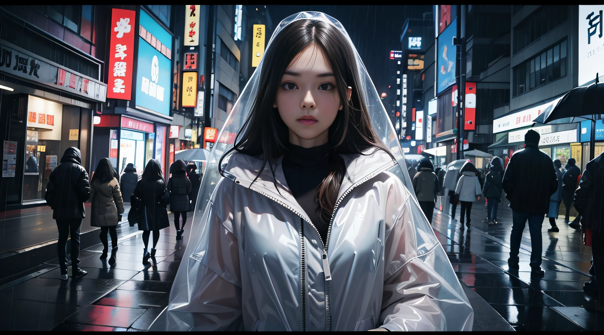 wearing a pvc transparent cover, amazing girl look for the camera, worm view, night, misty, rain, there is a person walking up a set of wide avenue in a city, streets of Tokyo, street of Tokyo, in Tokyo, city like Tokyo, walking over a tiny city, cyberpunk, artwork of a Tokyo street, man walking through city, style by Anthony Presley, Deviantart