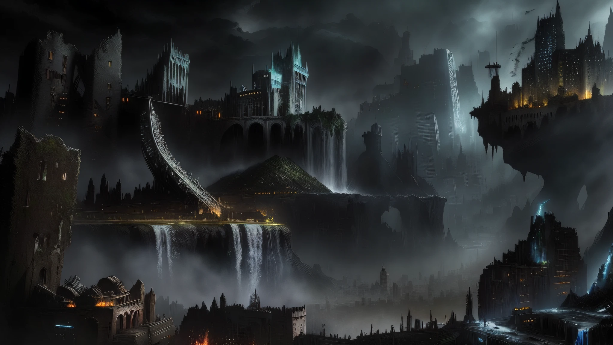 there is a dark city with a waterfall and a castle in the background, apocalyptic city, destroyed city in the background, dark city ruins, destroyed city, apocalyptic city backround, dark ruins landscape, landscape of apocalypse city, apocalyptic scenery, apocalyptic environment, outdoors ruined cityscape, apocalyptic landscape, dystopian digital art, apocalyptic art, ruined city in background