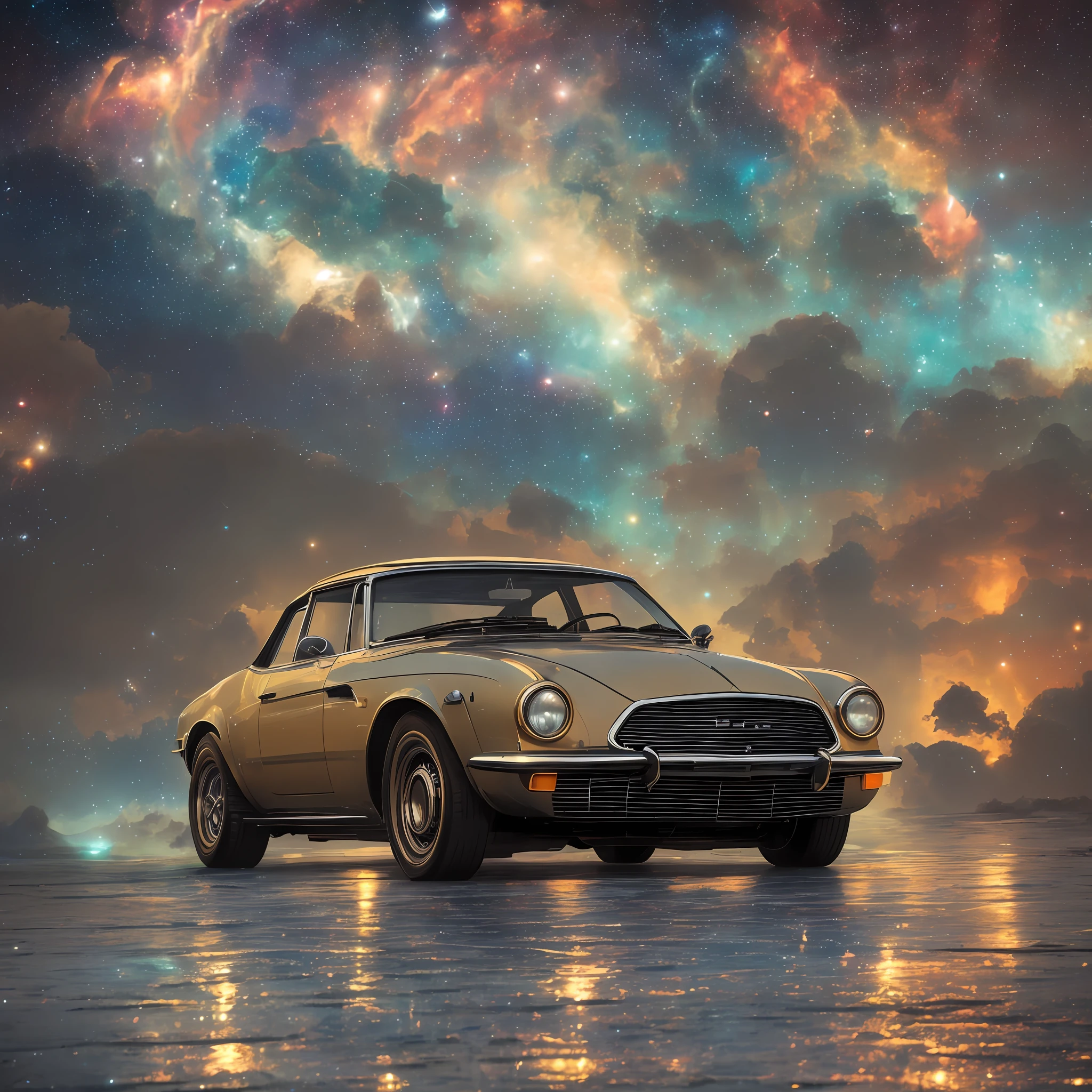 Riding the cosmic wave on retro car of radiant starlight; slow shutter speed, hyperrealism, extreme detail, vivid, intricate, digital illustration by thomas cook and ismail inceoglu; 64k, hdr, cryengine, nvdia ray tracing, --auto --s2