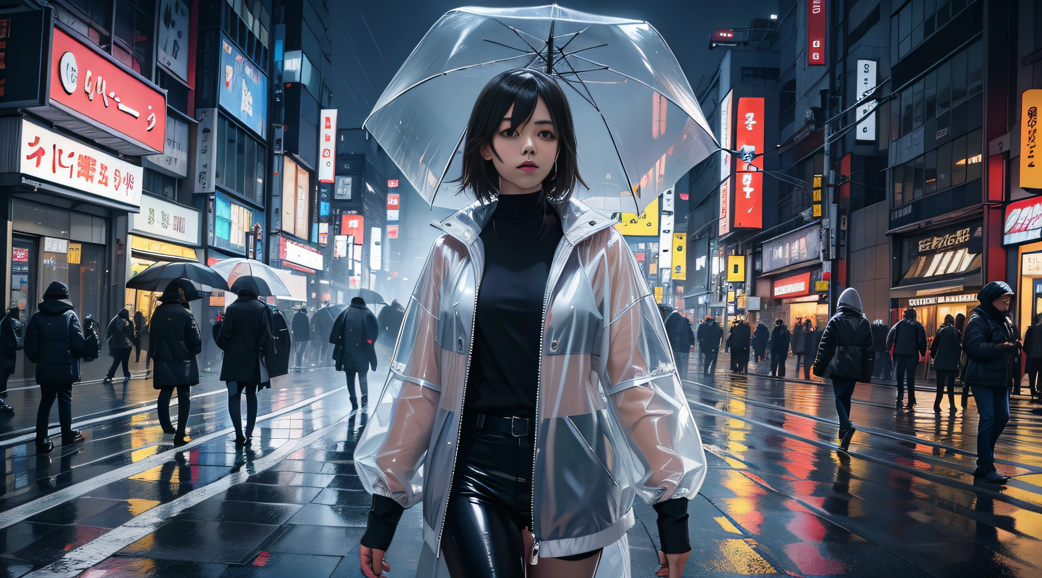 wearing a pvc transparent cover, amazing girl look for the camera, worm view, night, misty, rain, there is a person walking up a set of wide avenue in a city, streets of Tokyo, street of Tokyo, in Tokyo, city like Tokyo, walking over a tiny city, cyberpunk, artwork of a Tokyo street, man walking through city, style by Anthony Presley, Deviantart