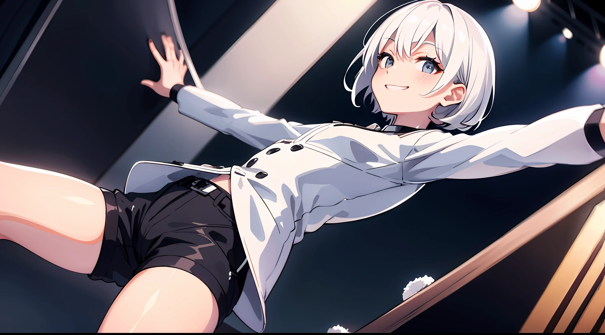 (at night), 1 Bob hairstyle slim boy butler, white hair, shorts, knee socks, solo, watching the audience, winter, cowboy shot, (concert tour), low angle shot, smile, white hair, singing