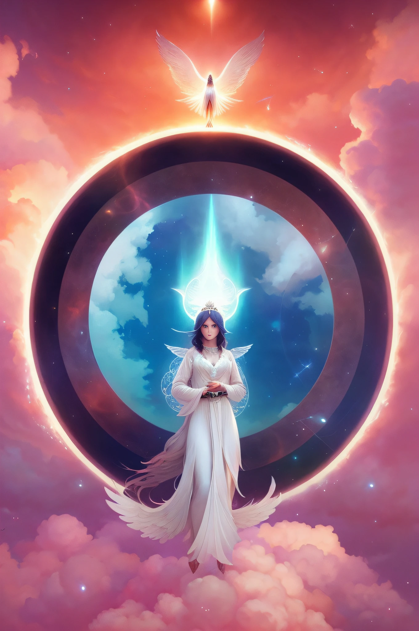 arafed image of a woman in a white dress standing in a circle with a dove, astral ethereal, beeple and jeremiah ketner, portal to the ethereal realm, yuri shwedoff and tom bagshaw, ethereal fantasy, ethereal and otherworldly, goddess of light, digital art fantasy, celestial goddess, a still of an ethereal, godly and ethereal