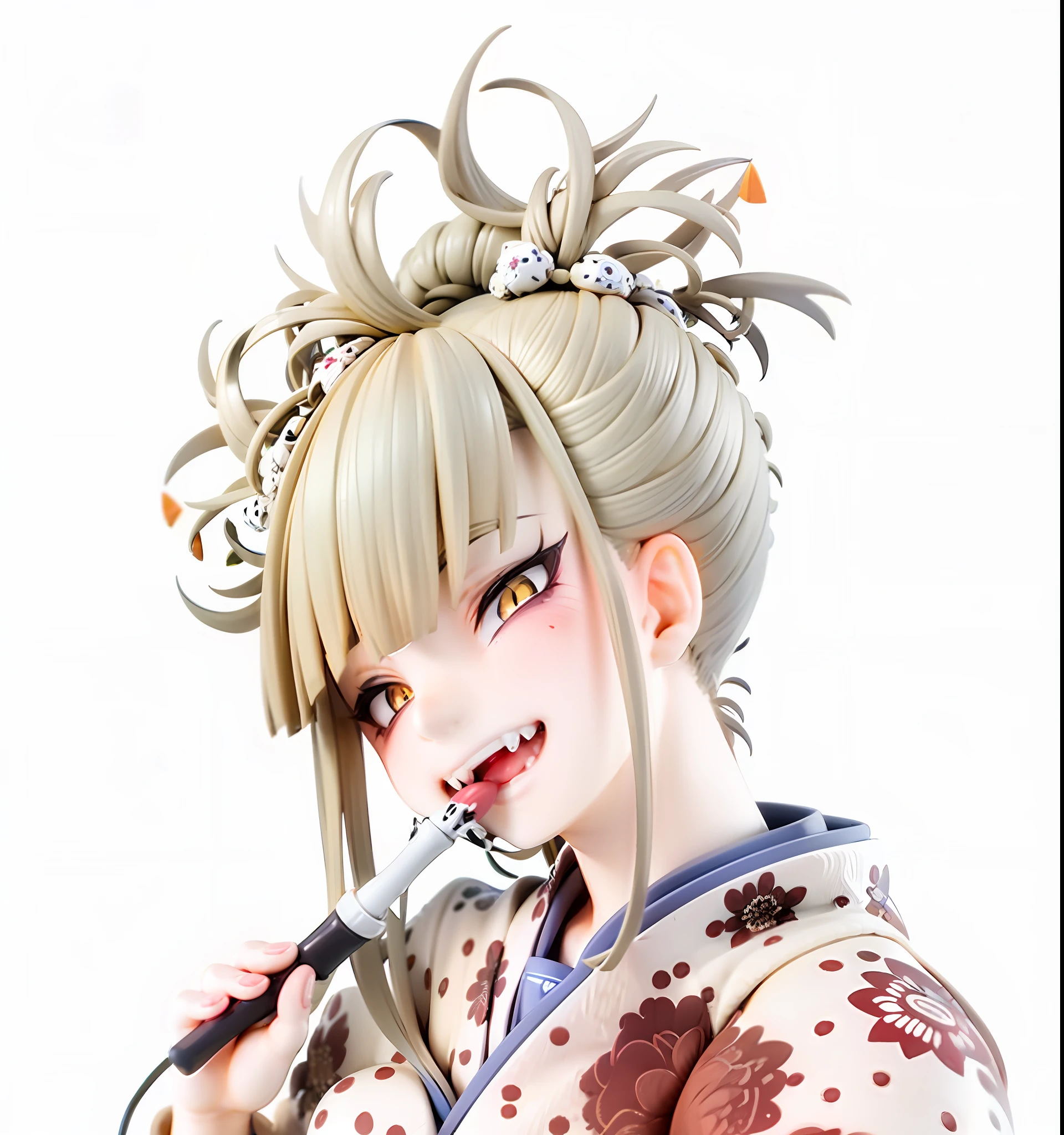 1girl,evil smile, himiko toga,blonde hair,yellow eyes, hold a cutter, white japanese kimono, painted with red polka dots, facing viewer,looking at viewer,good hand,good finger,masterpiece,extremely detailed, close up