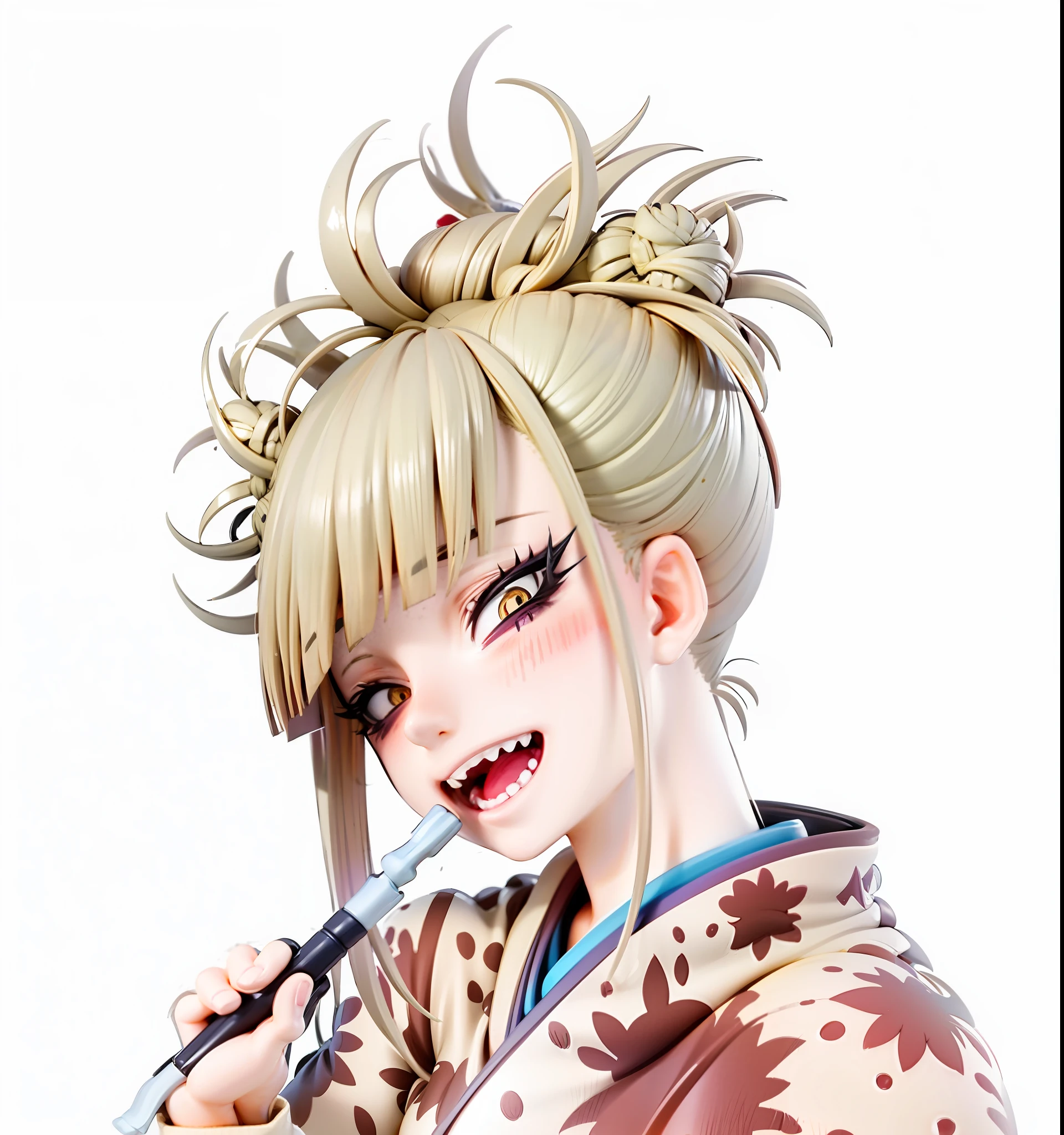 1girl,evil smile, himiko toga,blonde hair,yellow eyes, hold a cutter, white japanese kimono, painted with red polka dots, facing viewer,looking at viewer,good hand,good finger,masterpiece,extremely detailed, close up