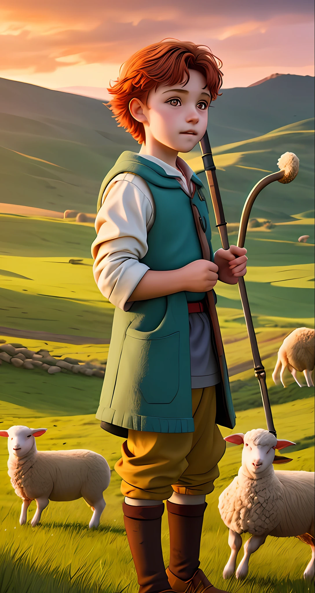 a young shepherd boy, red-haired sheep shepherd boy, with a staff in his hands, taking care of sheep, countryside background scenery, evening lighting, children's digital drawing, super realistic