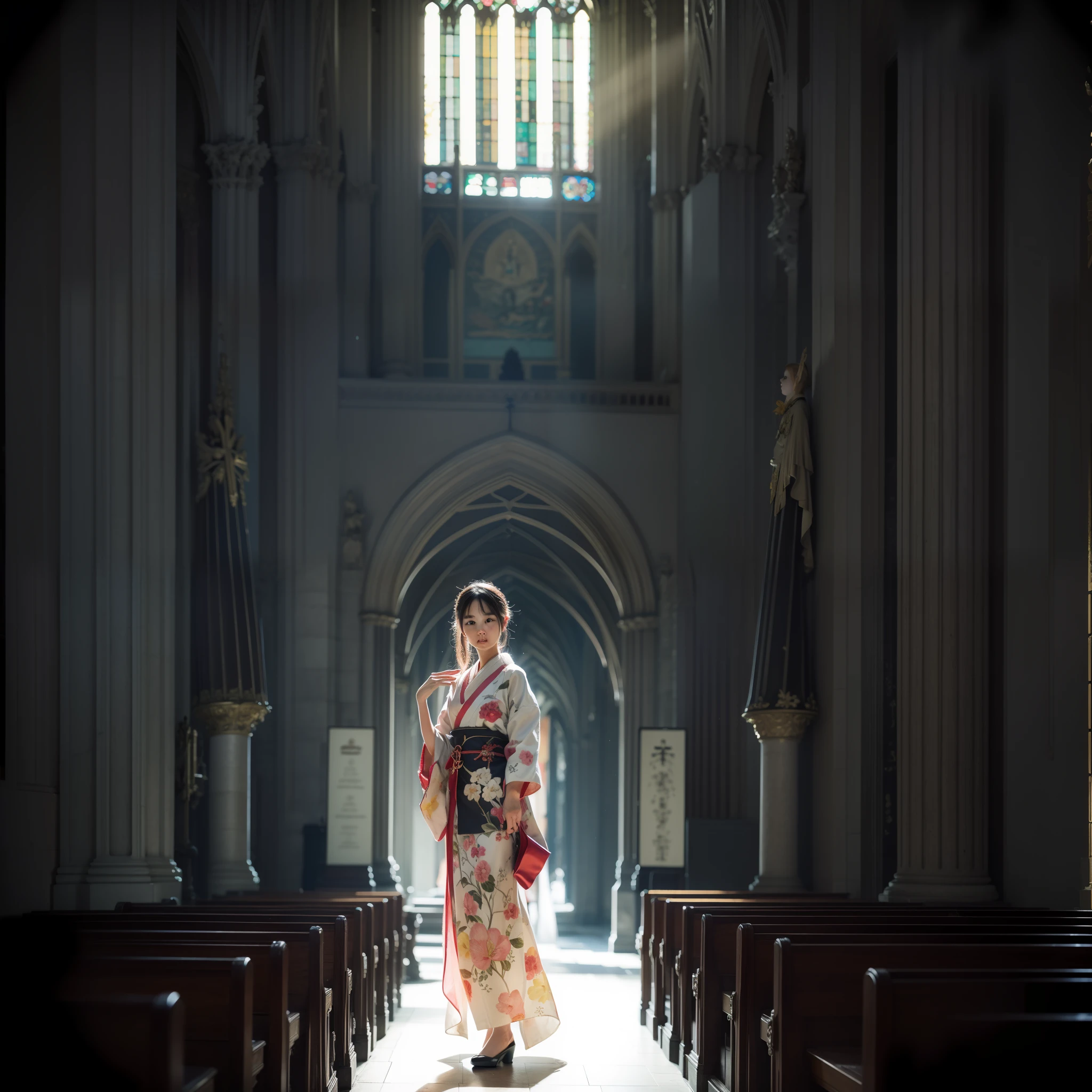 There is a beautiful teenage slender girl in a traditional kimono of Japan walking inside the dark church of Notre Dame Cathedral in Paris rendered in so detail. The floor beneath her feet shines beautifully reflecting the afternoon light. Her kimono shines beautifully in the afternoon light shining through the church's skylight. The kimono is traditional yet colorful, with a refined thin fabric, soft. Small breasts, Best quality, Realistic, Photorealistic, Best quality, Masterpiece, Very delicate and beautiful, Very detailed, Fine detail, Ultra detail, High resolution, Very detailed, Realistic, Ultra high definition, Best quality, Ultra high definition, High quality textures, chiaroscuro