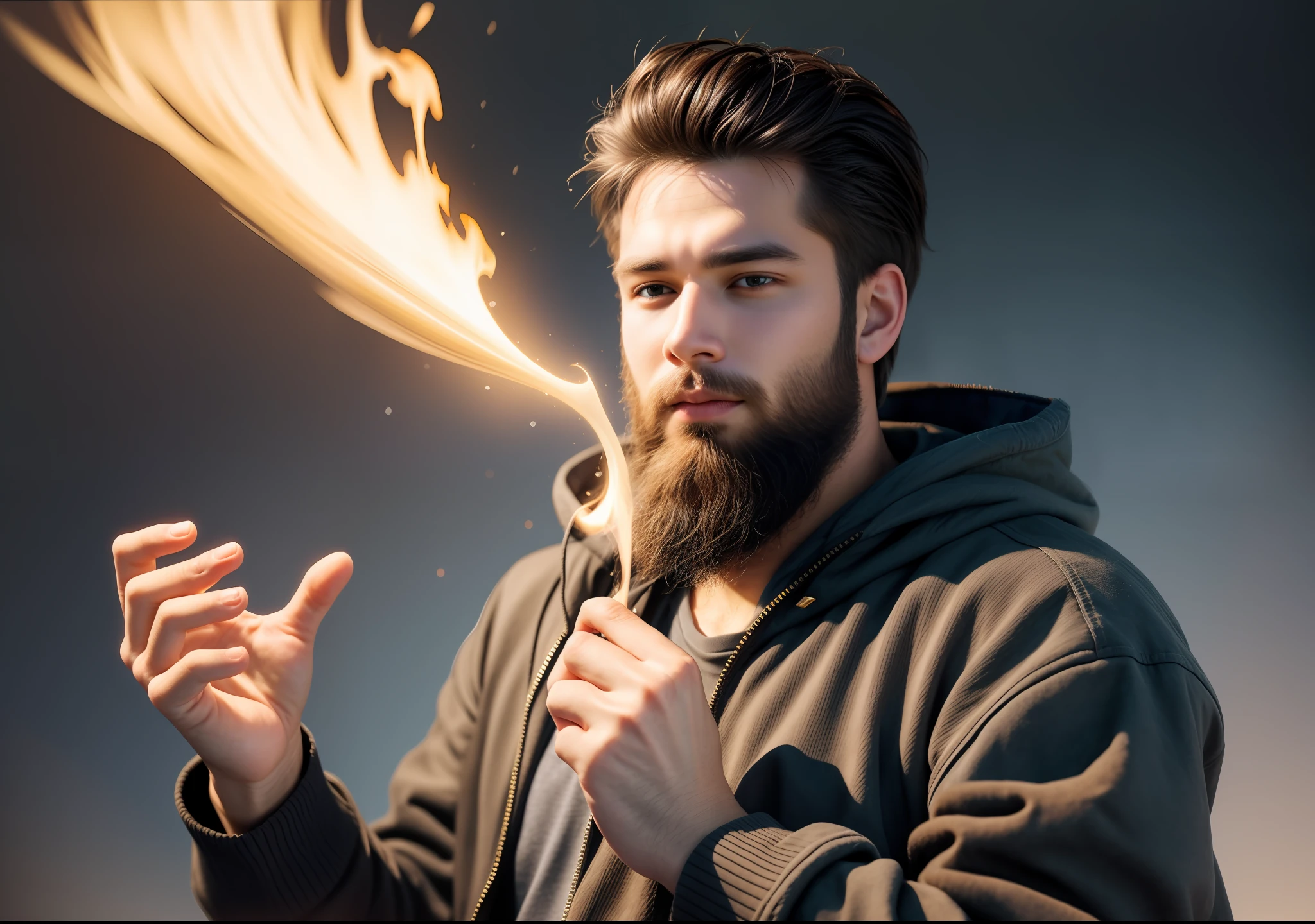 A young man of 25 years, with a beard, fire coming out of his heart.