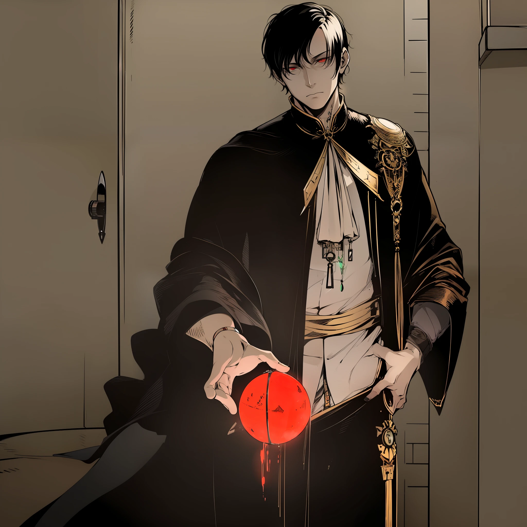 ((One Man)), (black short hair), white hiccups, pale skin, black cloth robe, a sphere with red liquid in his hand, a large lock behind his back, the lock emits a green glow