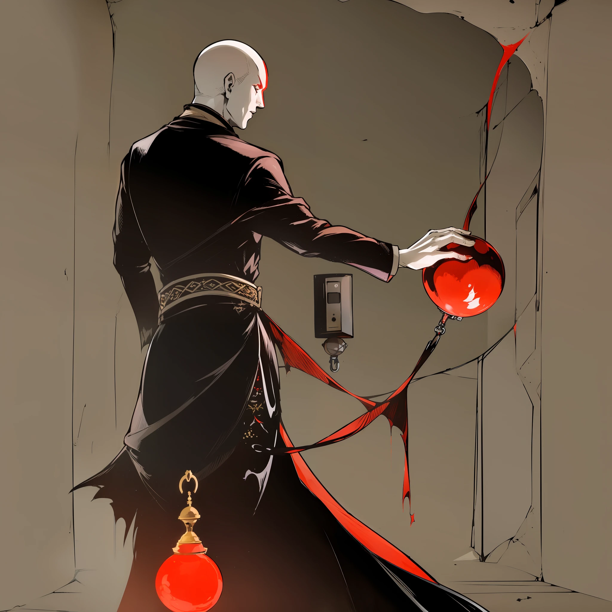 ((One Man)), (black short hair), white hiccups, pale skin, black cloth robe, a sphere with red liquid in his hand, a large lock behind his back, the lock emits a green glow