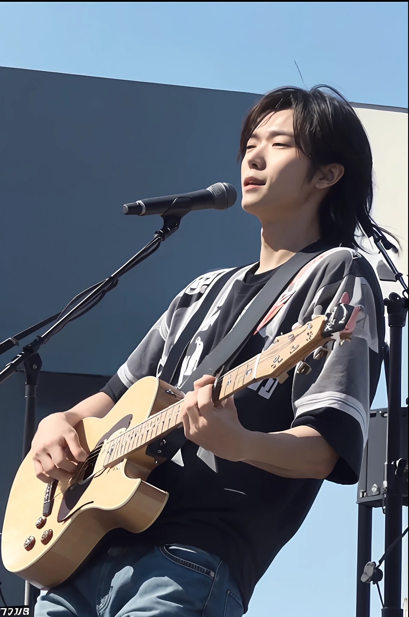 A man playing guitar at a concert for an audience, messy hair, muscle, paparazzi footage, sunny weather, video screenshot