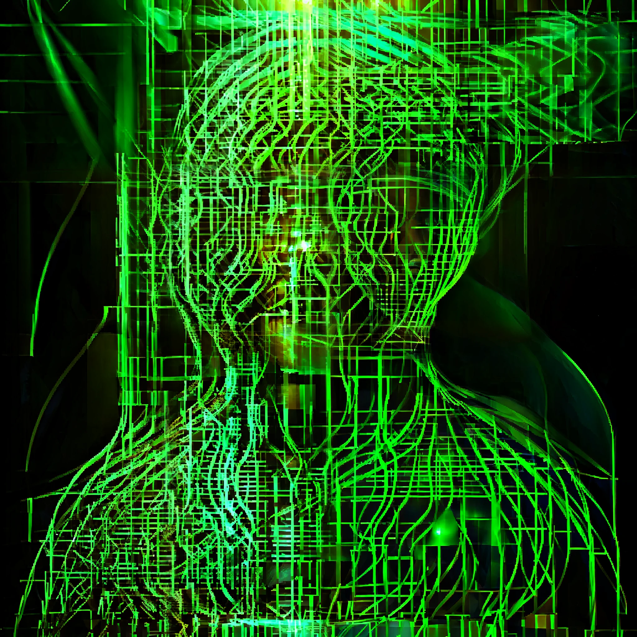 A close up of a person with a green light on their face - SeaArt AI