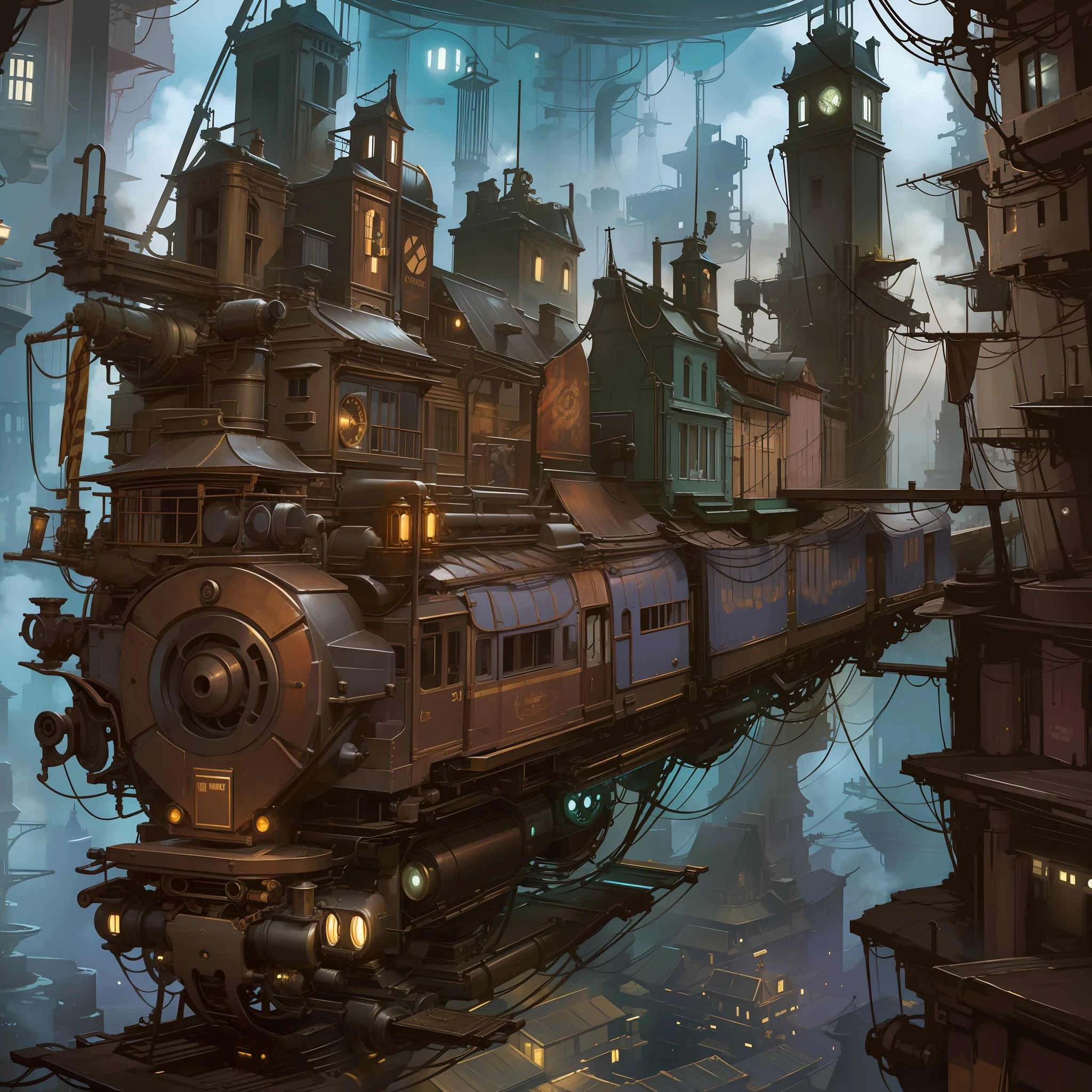 Steampunk, City, Obscure, night, steam train, well detailed, masterpiece, quality, many details