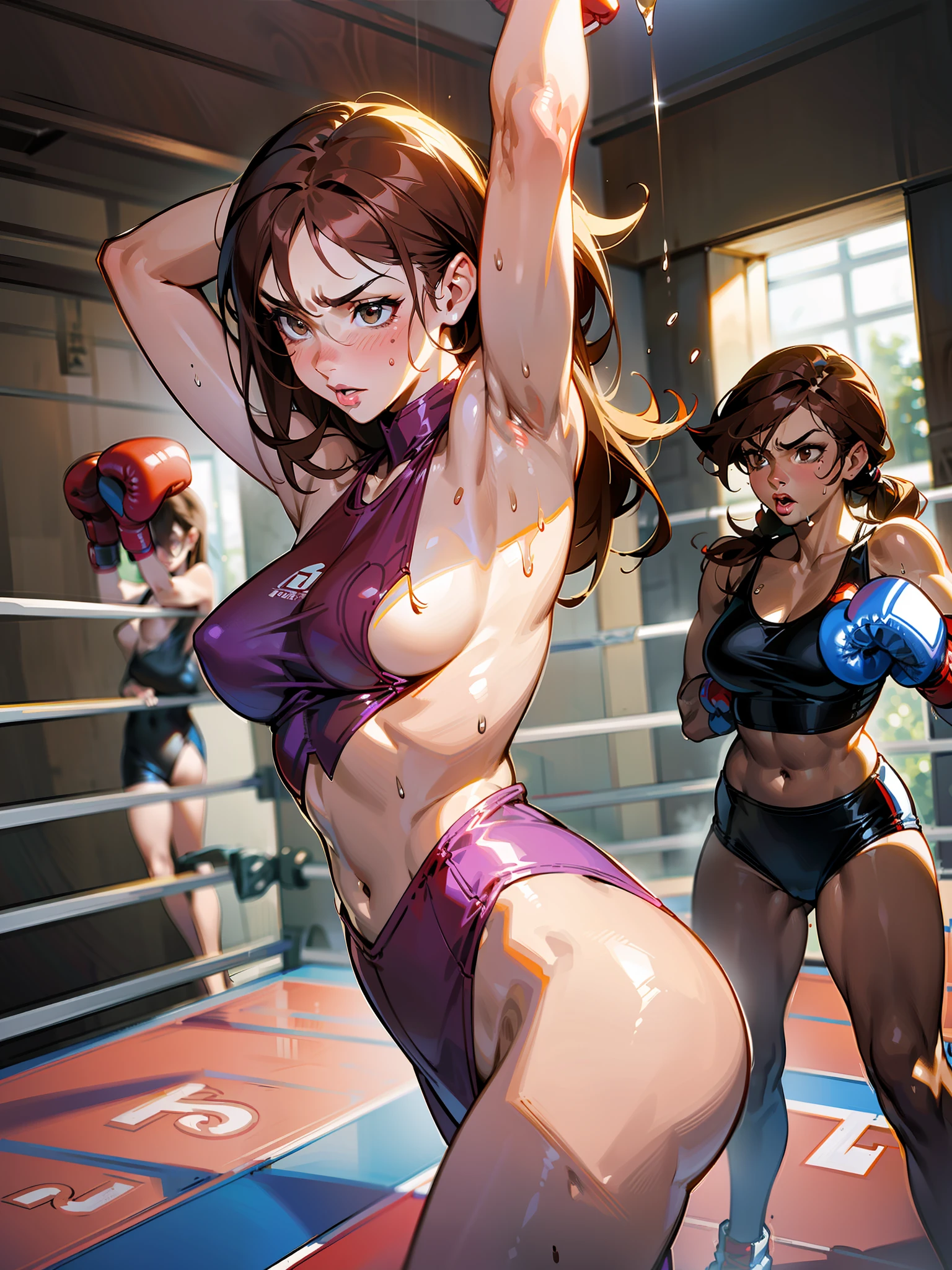 Mature woman boxer, reddish-brown hair, long hair, sexy lips, purple leotard, red lip, (((boxing gloves)), brown skin, two women, absent-minded, (((being punched by another dark-haired woman)), (belly punch))), sweat and saliva all over the body, inferiority, on the verge of fainting, steam, bedroom, (((boxing play)), topless,