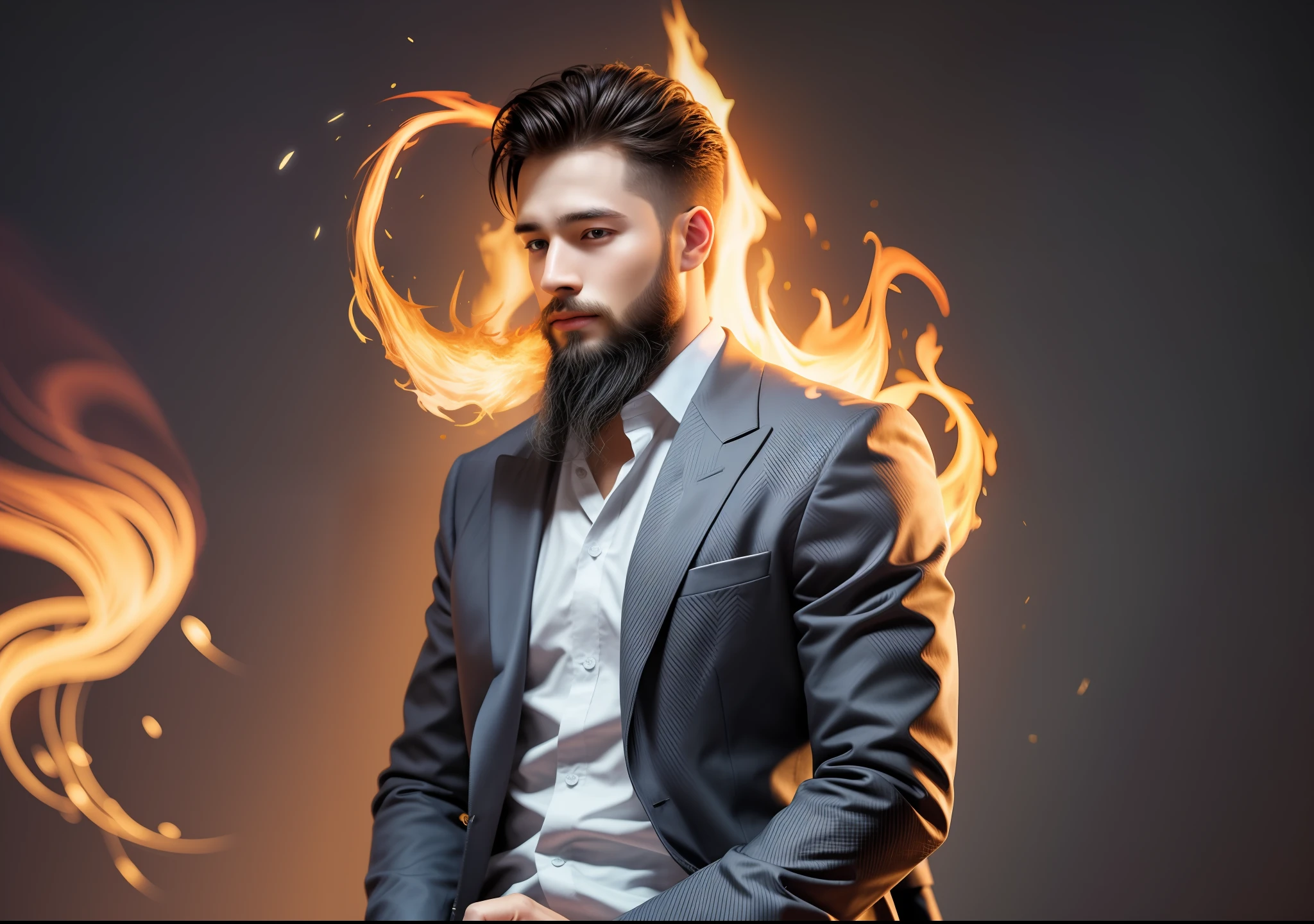 A young man of 25 years, with a beard, burning flames coming out of his heart.