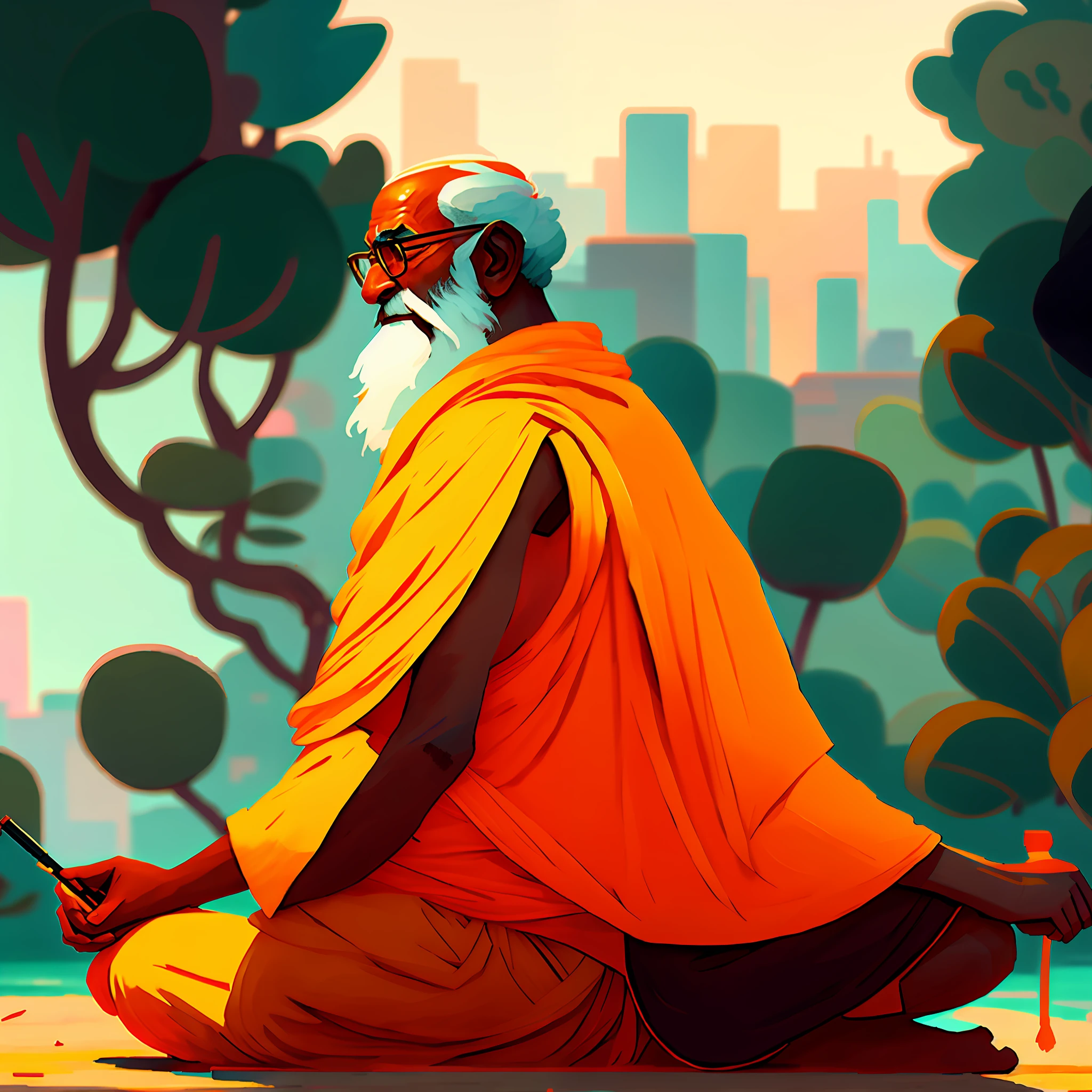 wtrcolor style, Digital art of (A man sitting with sadhus)