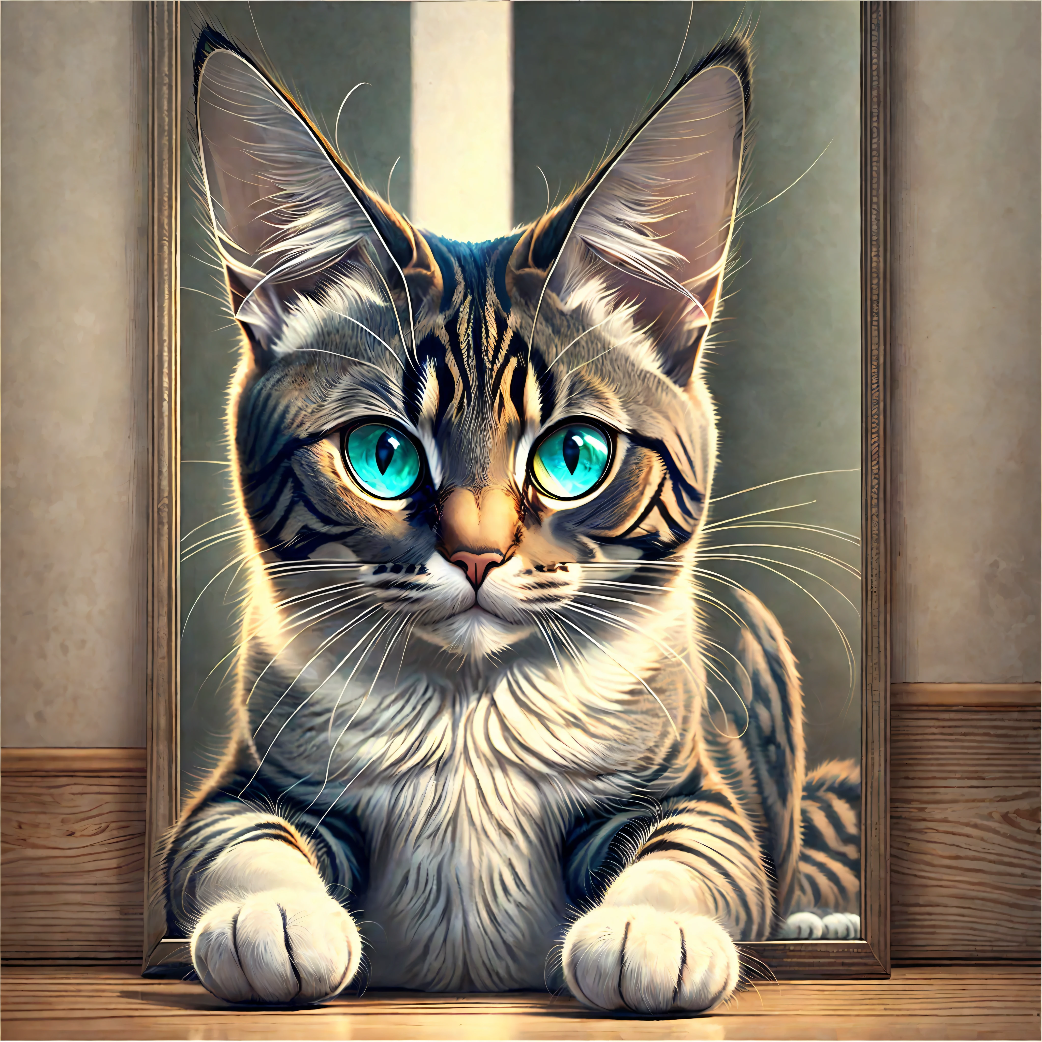 A cat looking at itself in the mirror, with a confused expression. --auto --s2