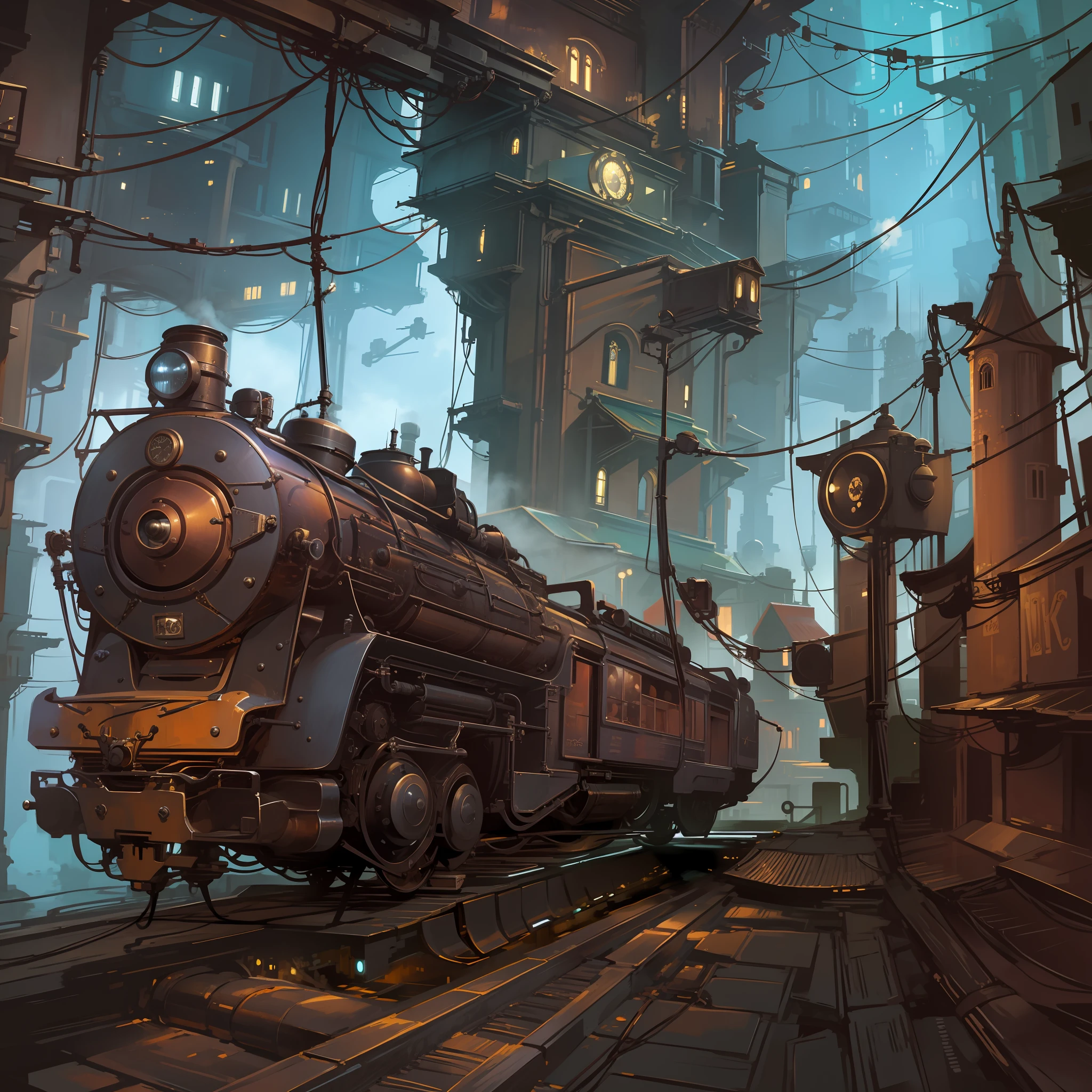 Steampunk, City, Obscure, night, steam train, well detailed, masterpiece, quality, many details