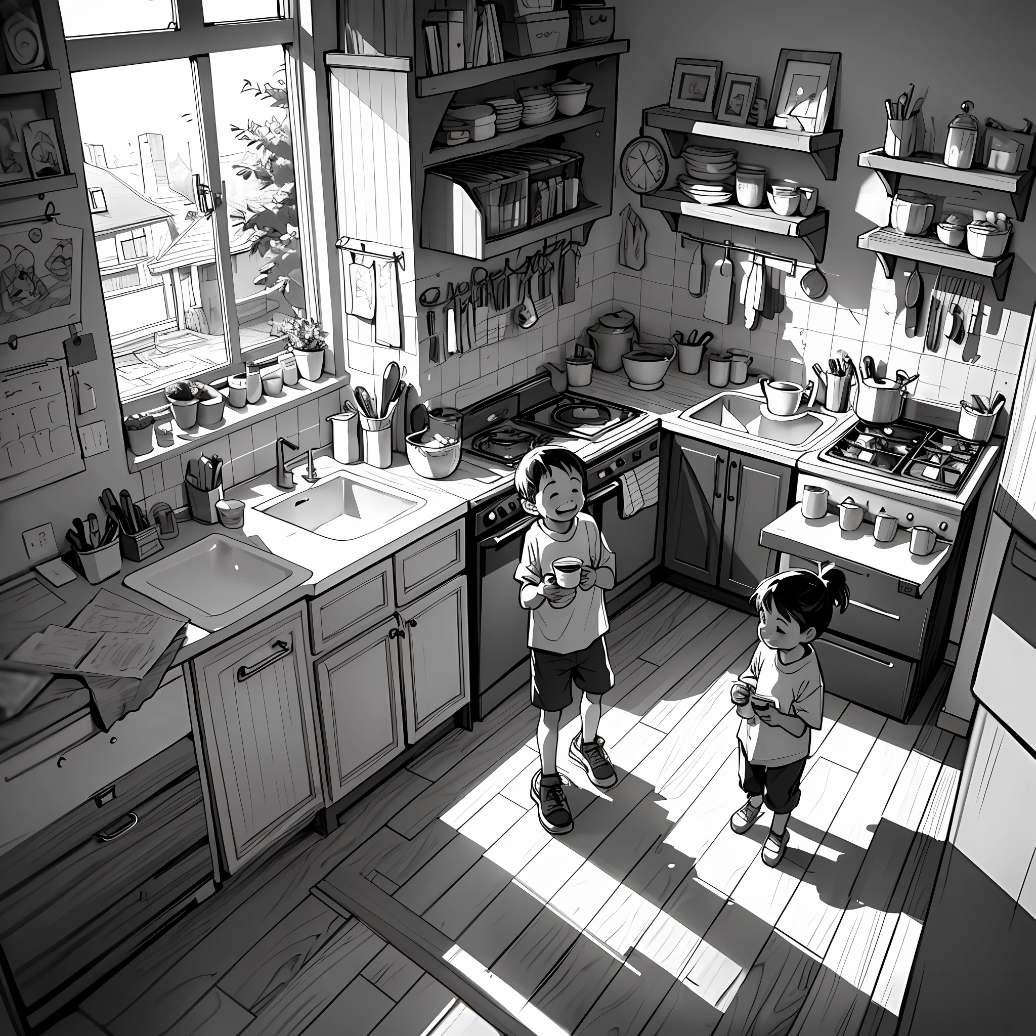 (masterpiece, sketch, black and white:1.4), an isometric sketch illustration in the style of Bill Watterson, depicting a heartwarming scene in black and white, where a 5-year-old boy and a 4-year-old girl are seen in a kitchen enjoying a delightful coffee moment together. The illustration captures the essence of childhood innocence and simple pleasures, transporting viewers to a nostalgic and cozy atmosphere. The isometric perspective provides a unique view of the scene, showcasing the kitchen with its charming details and inviting ambiance. The boy and the girl are portrayed with joyful expressions and playful gestures, their small figures exuding energy and curiosity. The black and white sketch adds a touch of nostalgia and timelessness, reminiscent of Bill Watterson's signature style. This endearing illustration captures a precious moment of friendship and shared experiences, inviting viewers to relish in the magic of childhood and the joys of togetherness.