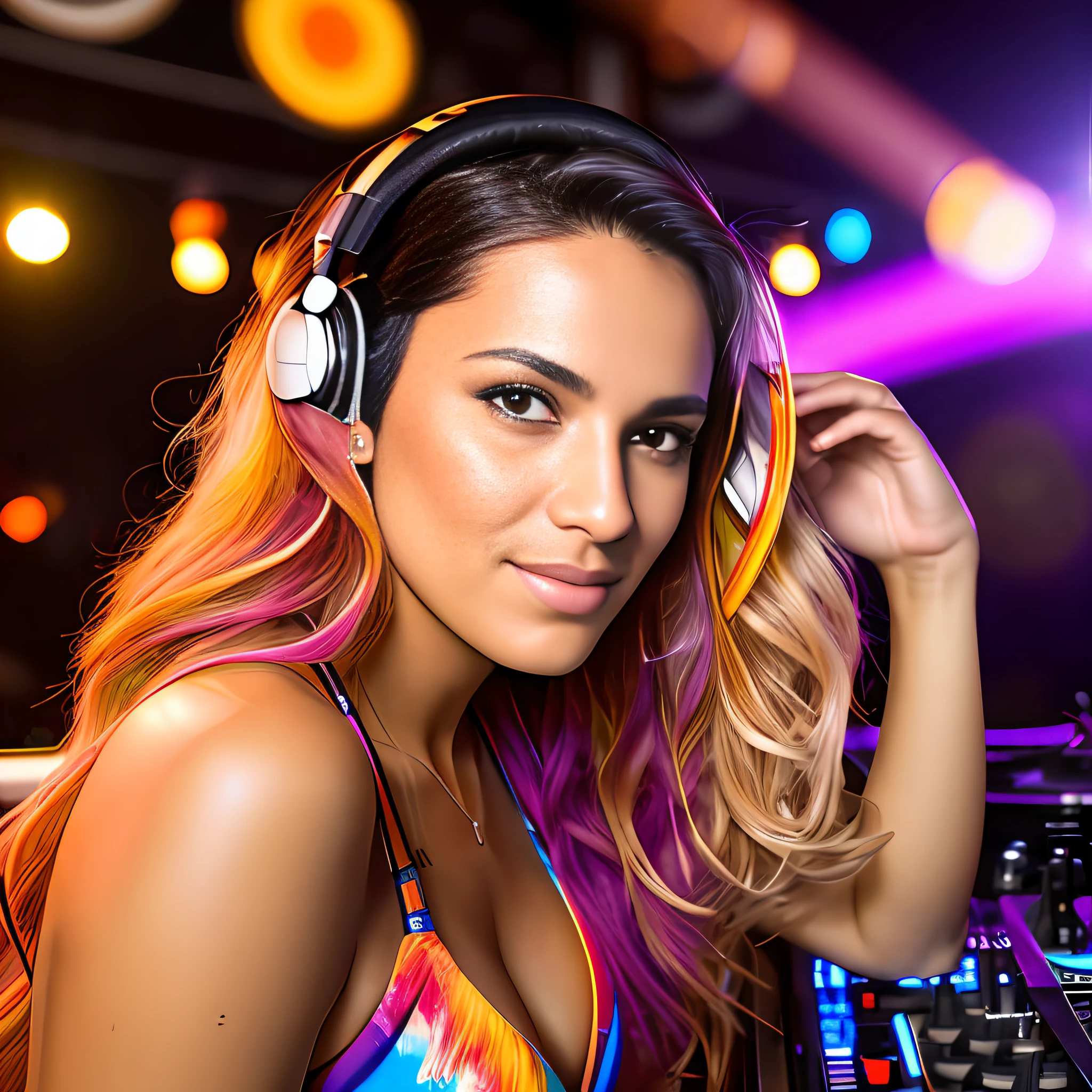 a female dj plays on the dj desk scratching vinyls on sound desk, headphones on her head, total view, beautiful european 25 y.o. ,dynamic extra long wavy multi colored dyed hair, (glowing flowing wavy hair), (blowing in the wind), happy face, realistic eyes, detailed facial features, vibing to music, wearing bikini with colorful psychedelic patterns on it, slim body, slim body, perfect big breasts, nice abs, tanned skin, music festival in the background, warm colours, (full body portrait photo), RAW, photograph, (masterpiece), ((photorealistic)), ((hyperrealistic)), (skin pores), highly detailed, sharp focus, 8K, ultra quality, UHD, crystal clear, ((stunningly beautiful)), extremely detailed, high detailed skin, cinematic lighting, wide angle, Kodak, Canon 5d