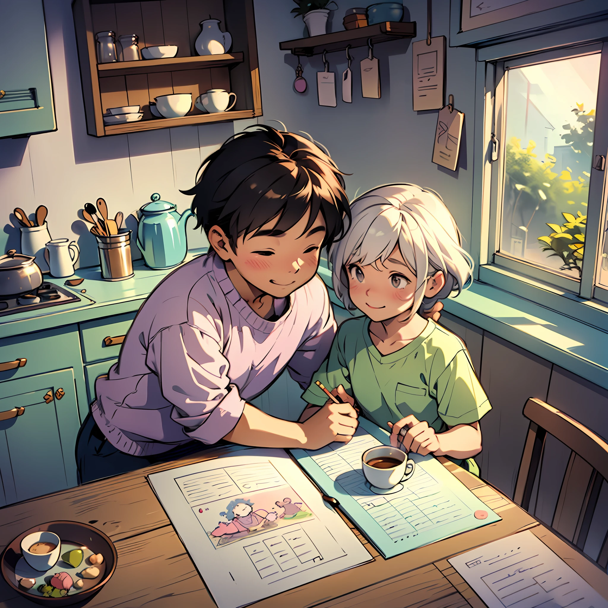 (masterpiece, sketch, pastel colors:1.4), an isometric sketch illustration in the style of Bill Watterson, depicting a charming scene in soft pastel tones, where a 5 and a girl 5 years old in a cozy kitchen enjoying a coffee break together. The illustration captures the essence of warmth and simplicity, transporting viewers to a nostalgic and heartwarming atmosphere. The isometric perspective provides a unique view of the scene, showcasing the kitchen with its charming details and inviting ambiance. The boy and the girl are portrayed with innocence and joy, their smiles and relaxed postures reflecting the comfort and companionship they share. The soft pastel colors create a gentle and soothing atmosphere, enhancing the cozy feeling of the moment. The sketch-style adds a touch of whimsy and artistic flair, reminiscent of Bill Watterson's iconic illustrations. This heartwarming illustration captures a timeless moment of connection and friendship, inviting viewers to cherish the simple joys of life.