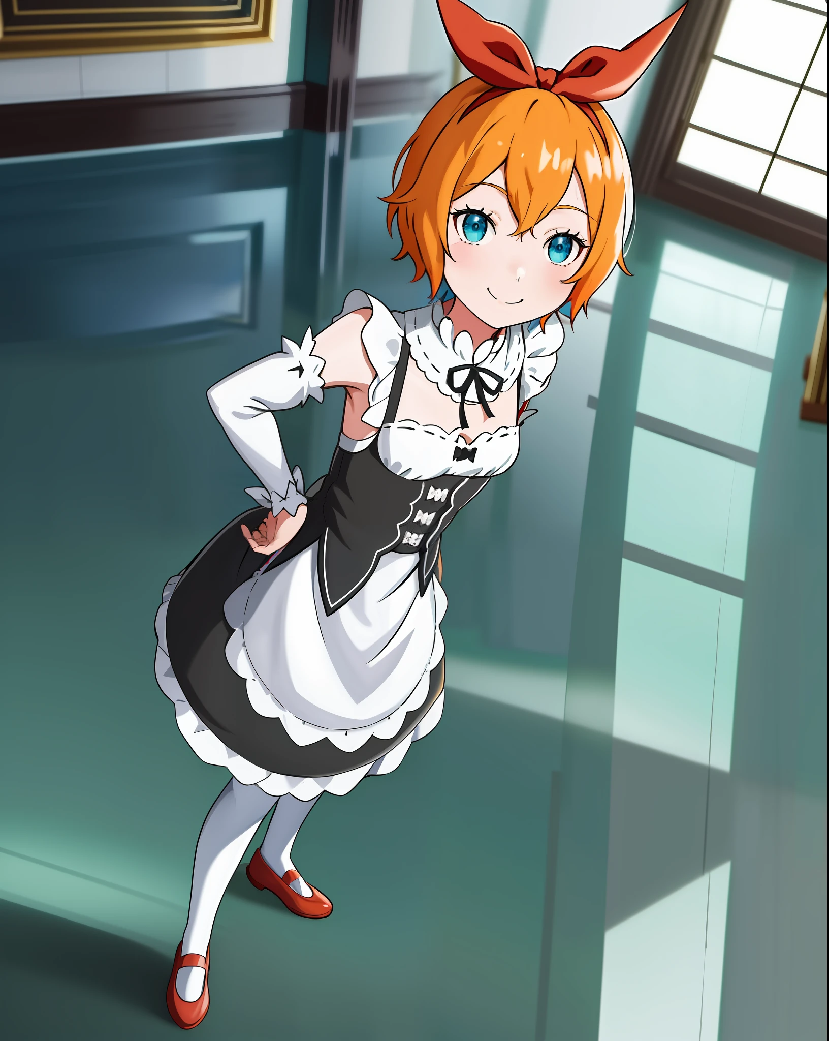 masterpiece,best quality,anime,(2d:1.2),indoors, 
 1girl, roswaal mansion maid uniform, solo, maid, short hair, detached sleeves, orange hair, bow hairband, ribbon, cowboy shot, looking at viewer, hairband, apron,indoors, red hairband, frills,black footwear, hair between eyes,white pantyhose, pout, smile, standing, shoes, cyan eyes, :t, white apron, bangs, hair ribbon, waist apron, hands on hips, neck ribbon, black ribbon, red ribbon, detached collar, black sleeves,