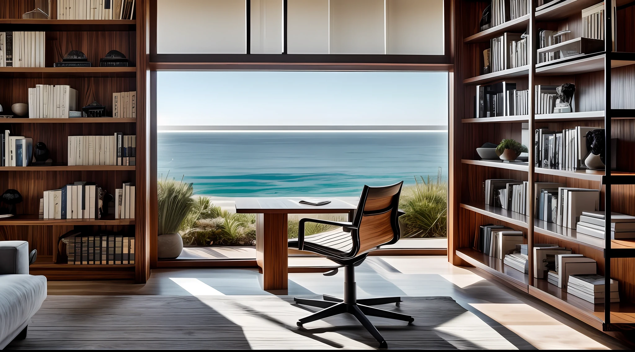 A medieval yet sophisticated home interior with floor-to-ceiling bookshelves showcasing a vast collection of books, a large glass and metal desk with a clean design, a modern ergonomic chair in wood and leather and an inspiring view of the ocean and beach, a lively landscape through the window, a perfect blend of aesthetics.