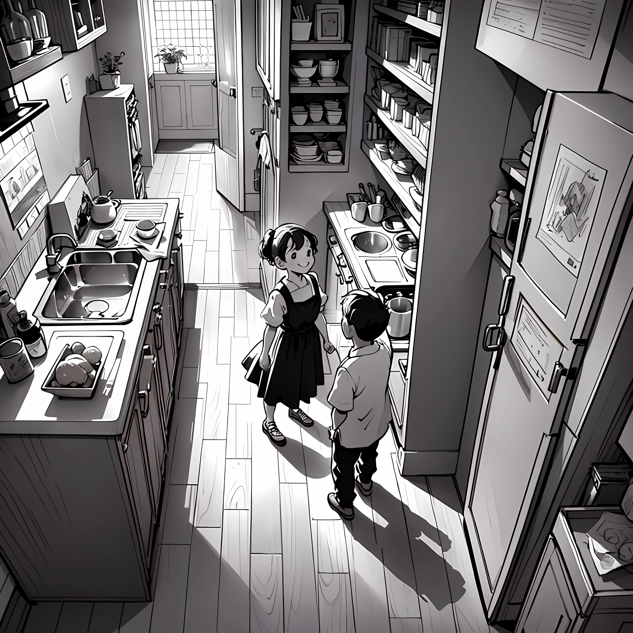 (masterpiece, sketch, black and white:1.4), an isometric sketch illustration in the style of Bill Watterson, depicting a heartwarming scene in black and white, where a 5-year-old boy and a 4-year-old girl are seen in a kitchen enjoying a delightful coffee moment together. The illustration captures the essence of childhood innocence and simple pleasures, transporting viewers to a nostalgic and cozy atmosphere. The isometric perspective provides a unique view of the scene, showcasing the kitchen with its charming details and inviting ambiance. The boy and the girl are portrayed with joyful expressions and playful gestures, their small figures exuding energy and curiosity. The black and white sketch adds a touch of nostalgia and timelessness, reminiscent of Bill Watterson's signature style. This endearing illustration captures a precious moment of friendship and shared experiences, inviting viewers to relish in the magic of childhood and the joys of togetherness.
