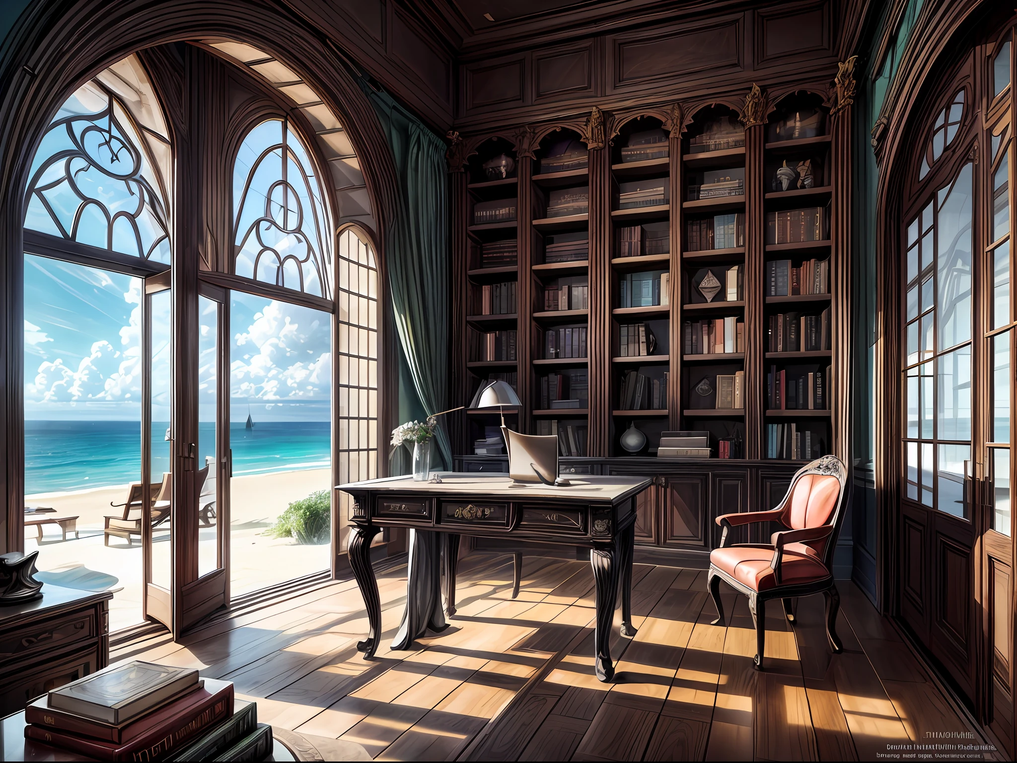 A medieval yet sophisticated home interior with floor-to-ceiling bookshelves showcasing a vast collection of books, a large glass and metal desk with a clean design, a modern ergonomic chair in wood and leather and an inspiring view of the ocean and beach, a lively landscape through the window, a perfect blend of aesthetics.
