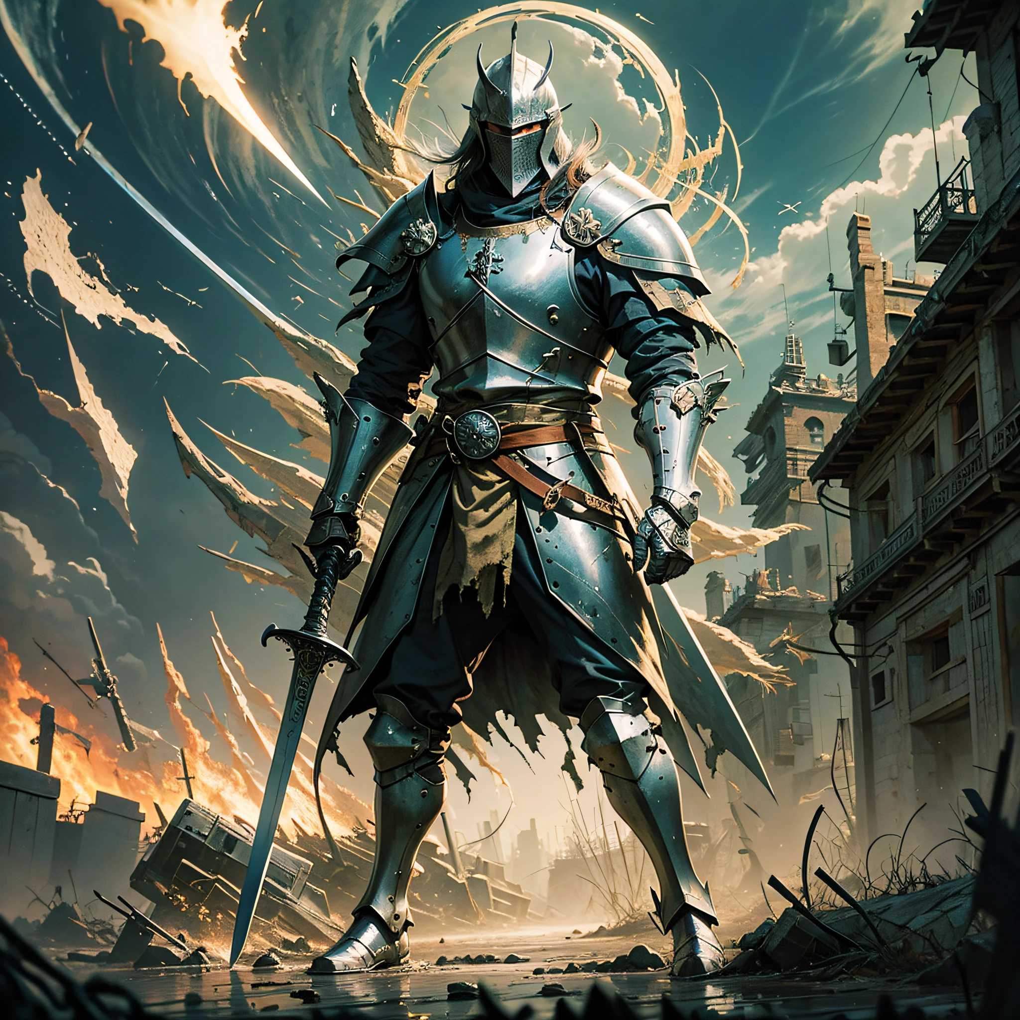Medieval knight, sword, background with destroyed environment, 4k, high quality --auto --s2