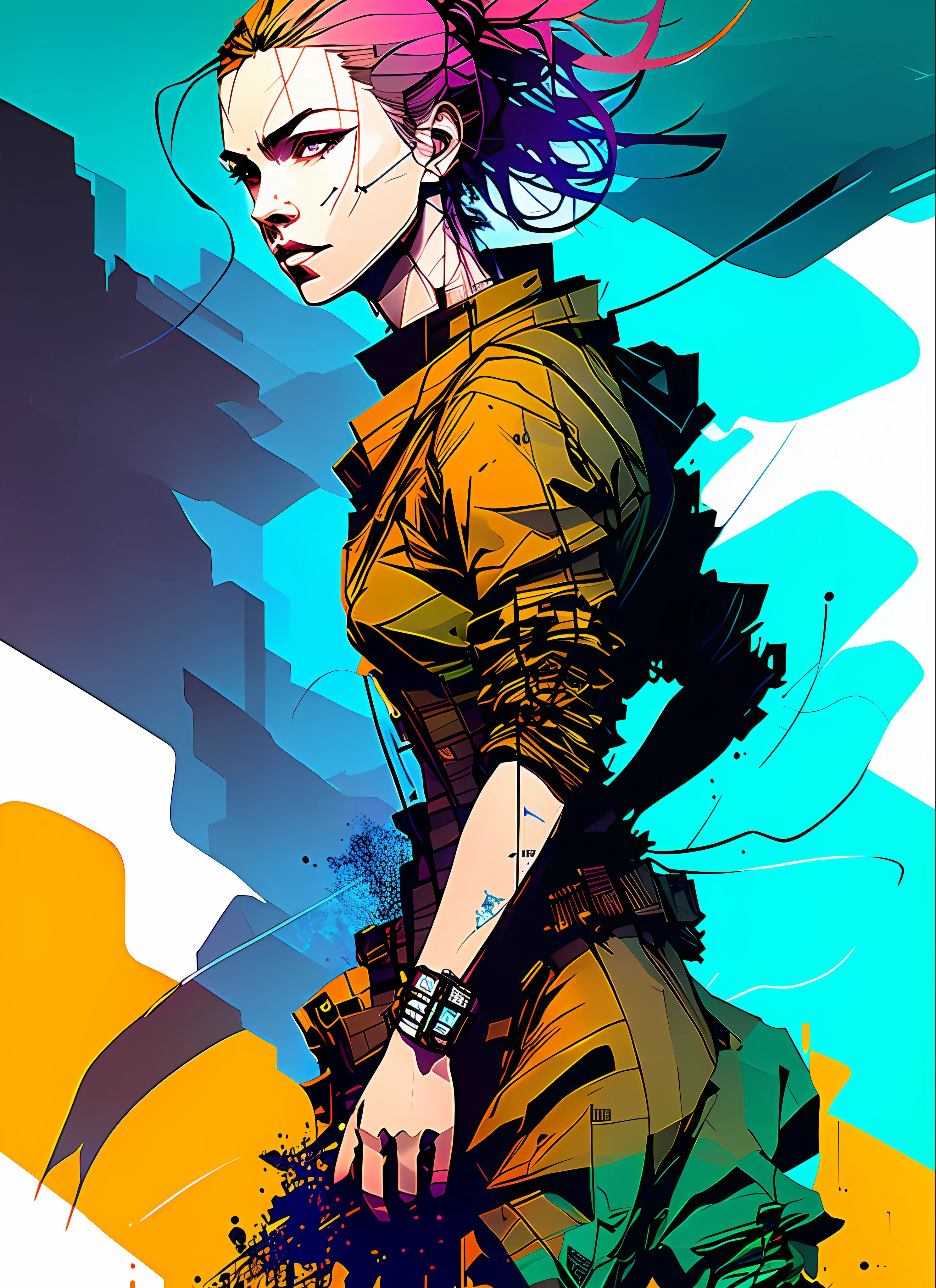 nvinkpunk, award winning half body portrait of sks in a croptop and cargo pants with ombre navy blue teal hairstyle with head in motion and hair flying, paint splashes, splatter, outrun, vaporware, cell shaded, (octane render:1), trending on artstation, highly detailed, fine detail, intricate