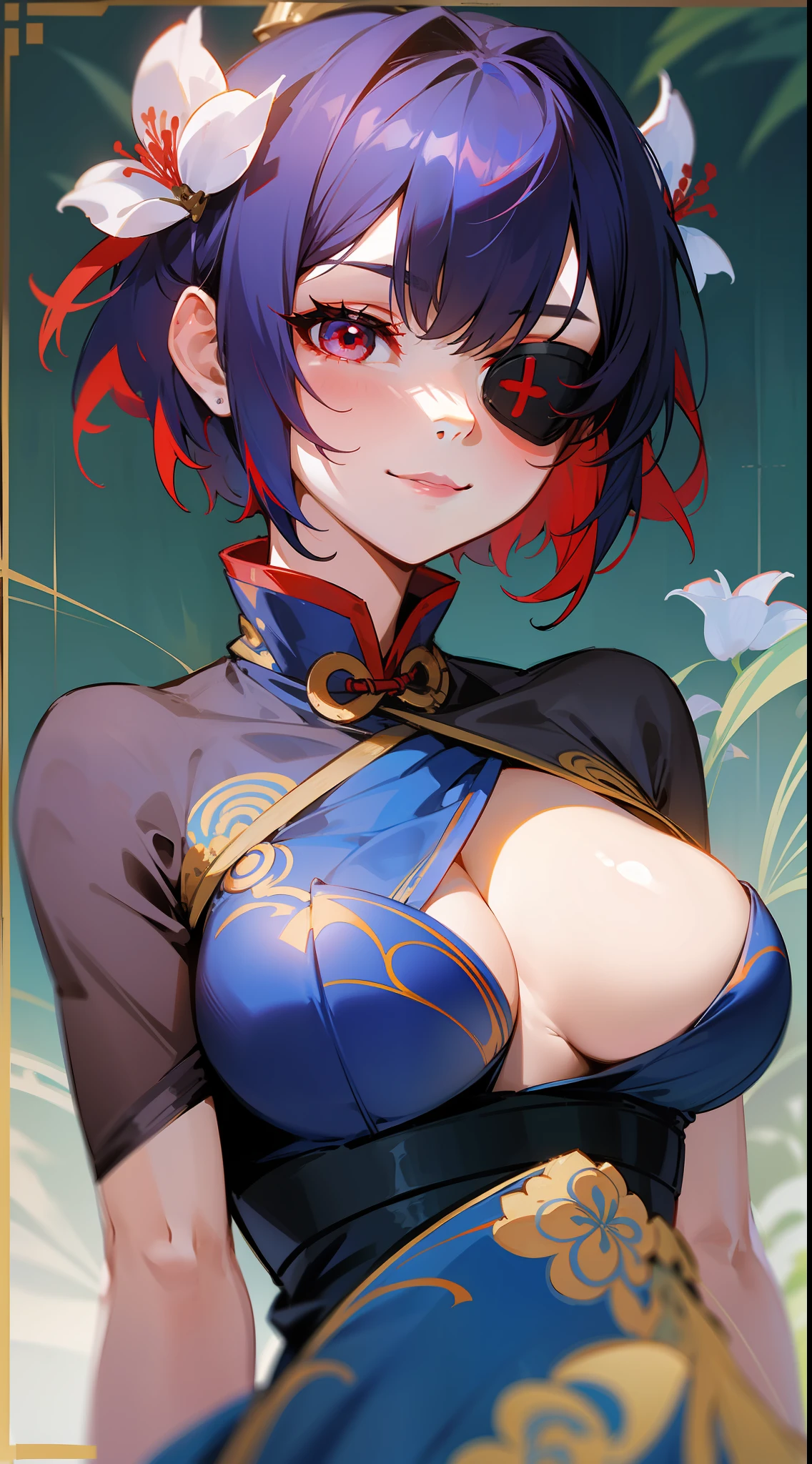 A girl, warrior, Chinese costume + blue color with flowers, short hair + red tips, eye patch, red eyes, seductive smile, sexy