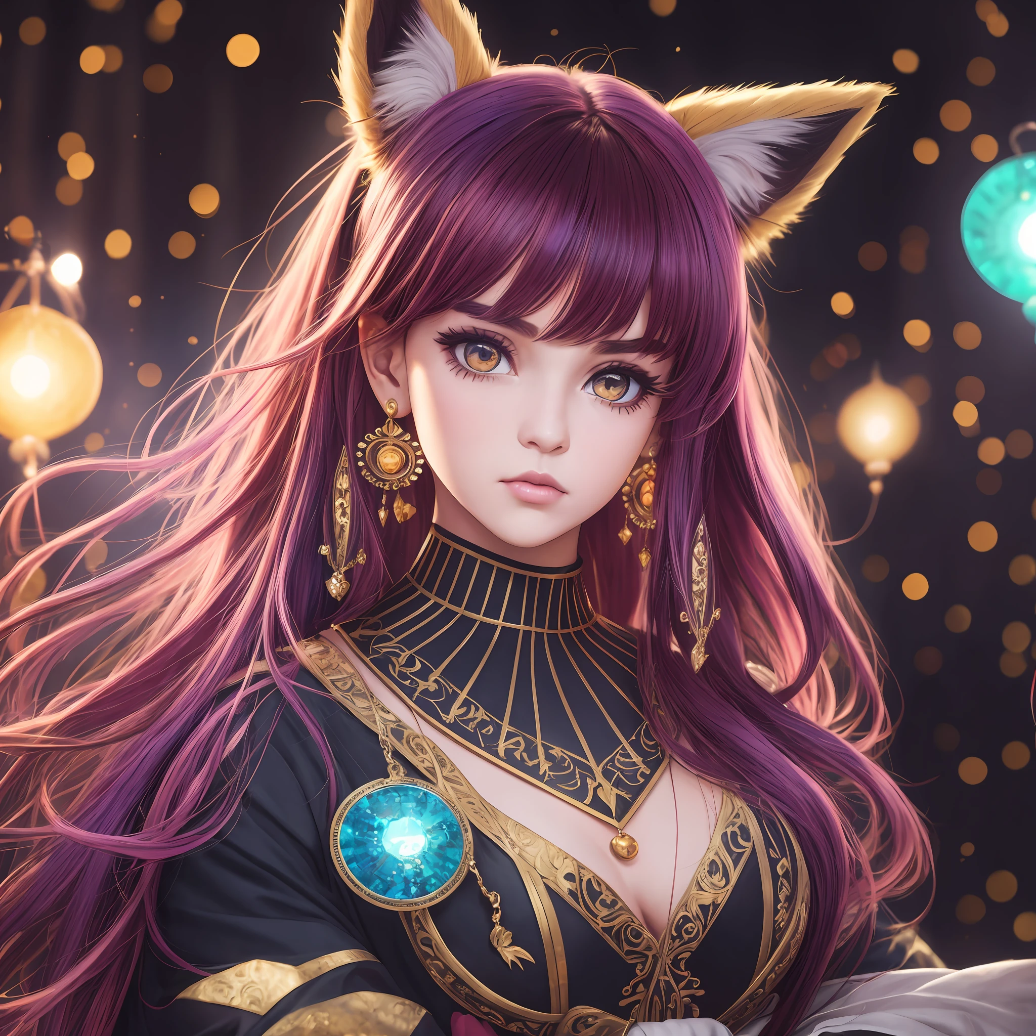 heart earrings, gradient_eyes, multicolored hair, colored inner hair, parted bangs, short ponytail, swept bangs, uneven twintails, heart ahoge, bell, bone hair ornament, eyebrows behind hair, orange eyes, fox ears, kubrick stare, puckered lips, parted lips, shy, smelling, makeup, Surrealism, rococo style, Conceptual art, Pre-Raphaelite Brotherhood, depth of field, cinematic lighting, sparkle, glowing light, halftone, motion lines, first-person view, first-person view, perspective, Sony FE GM, Fujifilm, Wide-Angle, multiple views, hatching (texture), reference sheet, fake scrollbar, UHD, anatomically correct, textured skin, masterpiece, ccurate, 16k --auto --s2
