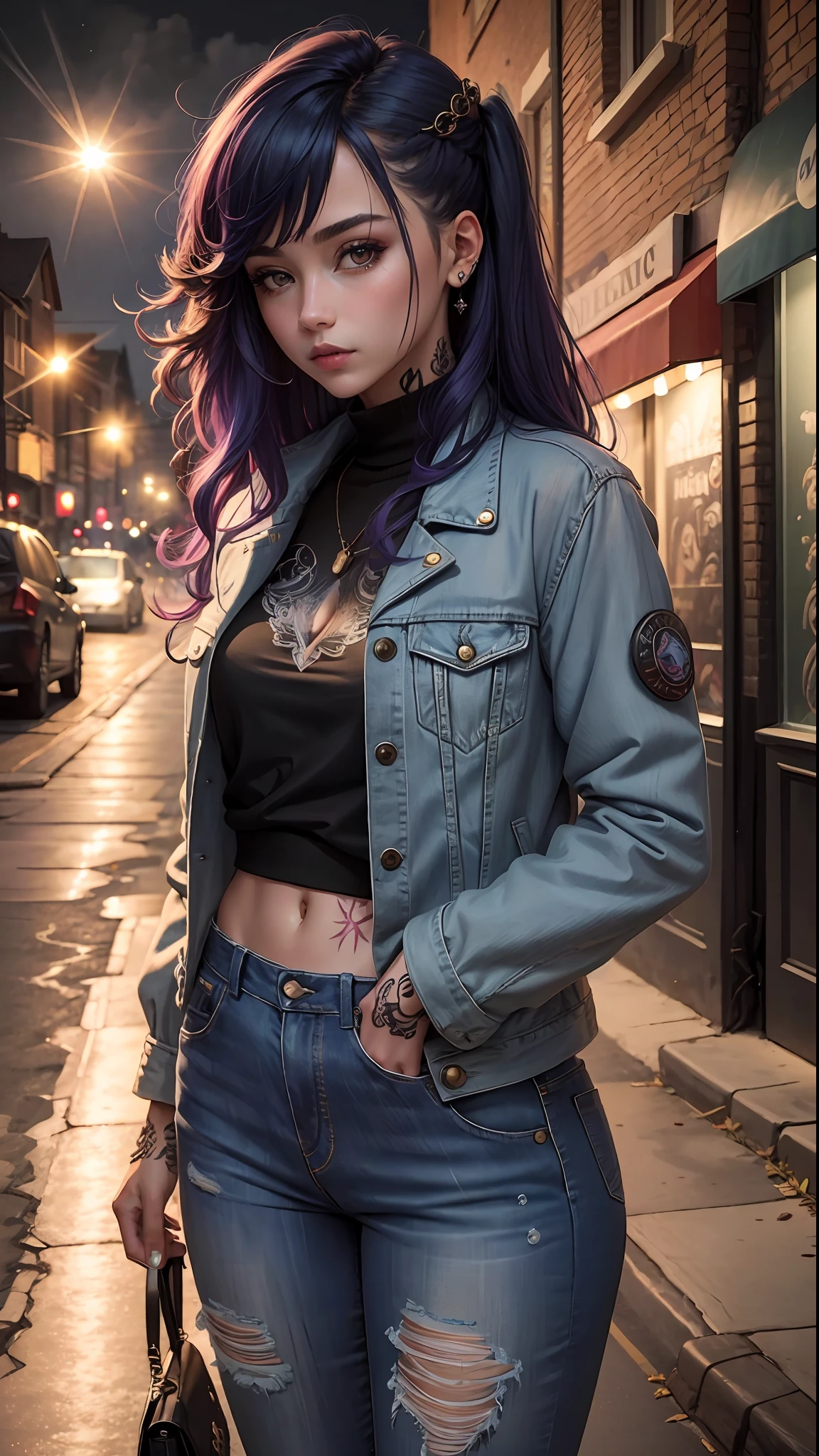 (masterpiece, best quality), 1girl, emo, beautiful hair, colorful hair, intricate jacket, jeans, magical tattoos, perfect night, moonlight, street