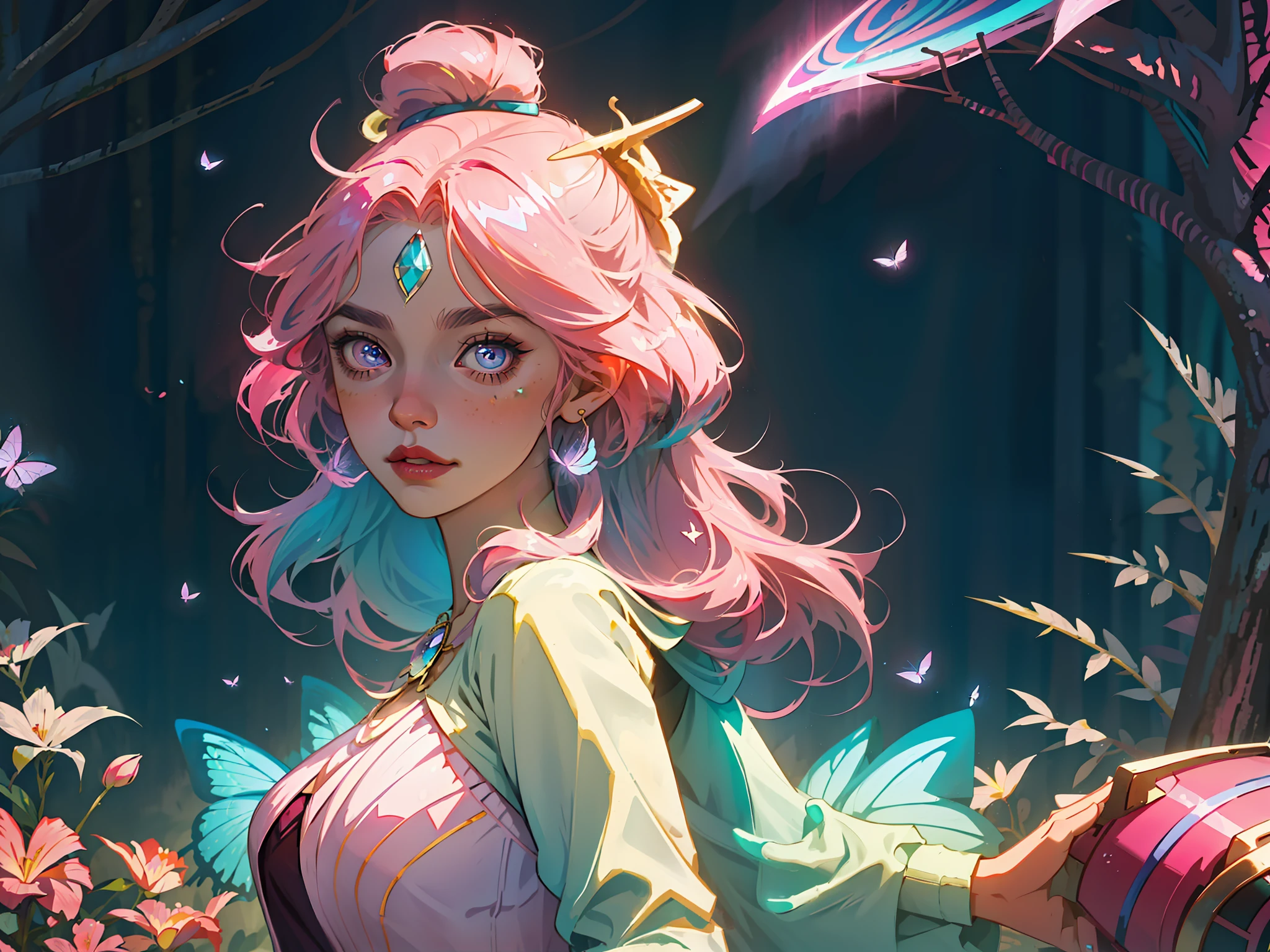 ((masterpiece)),(((best quality))),illustration,1 girl,long hair,hair on eyes, colorfull hair,beautiful eyes,environment Scene change, pink color palette, neon colors, female butterfly, butterfly antennae, holds a crosier, charturnbetalora, 8k,16k, magical forest