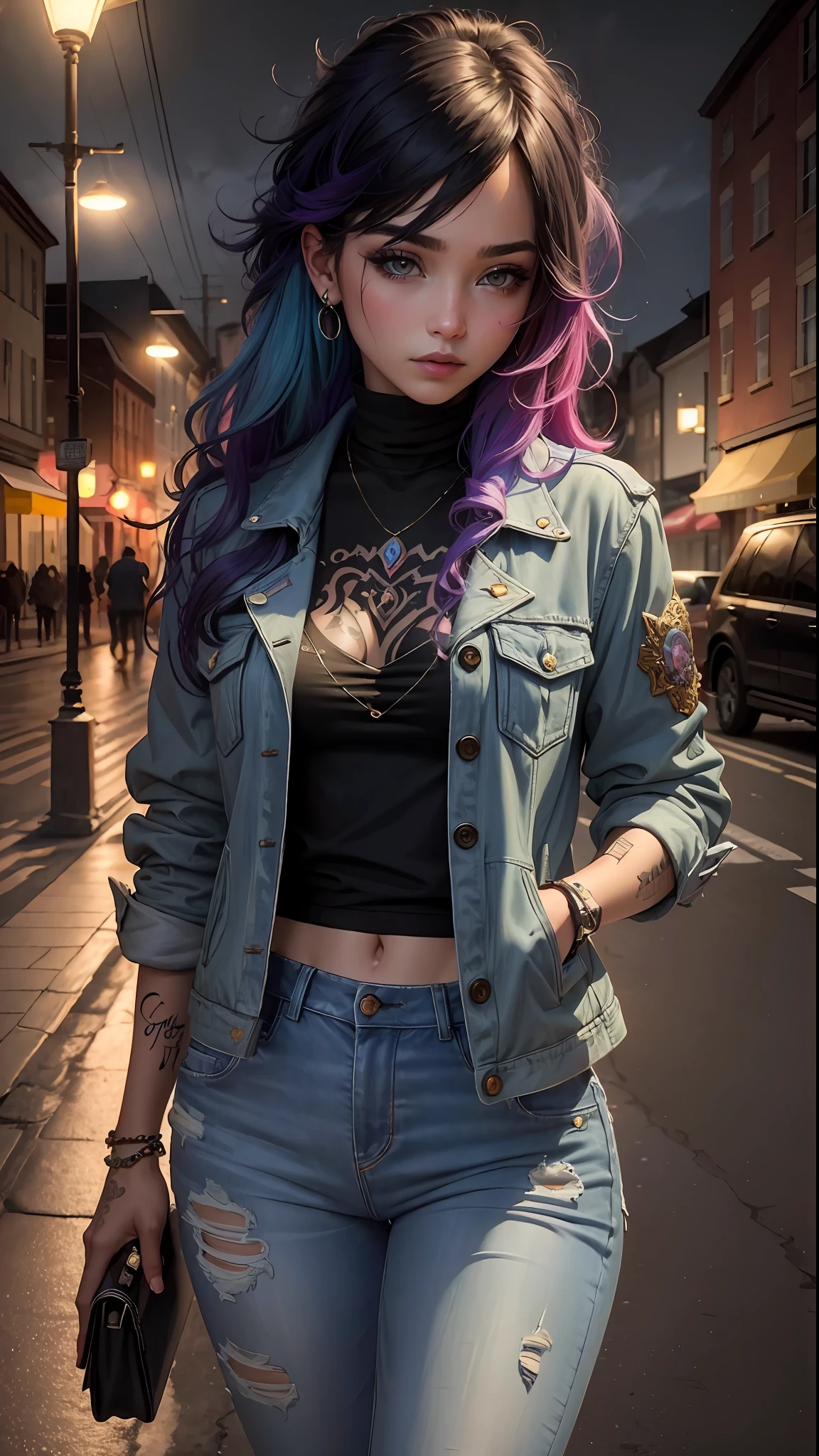 (masterpiece, best quality), 1girl, emo, beautiful hair, colorful hair, intricate jacket, jeans, magical tattoos, perfect night, moonlight, street
