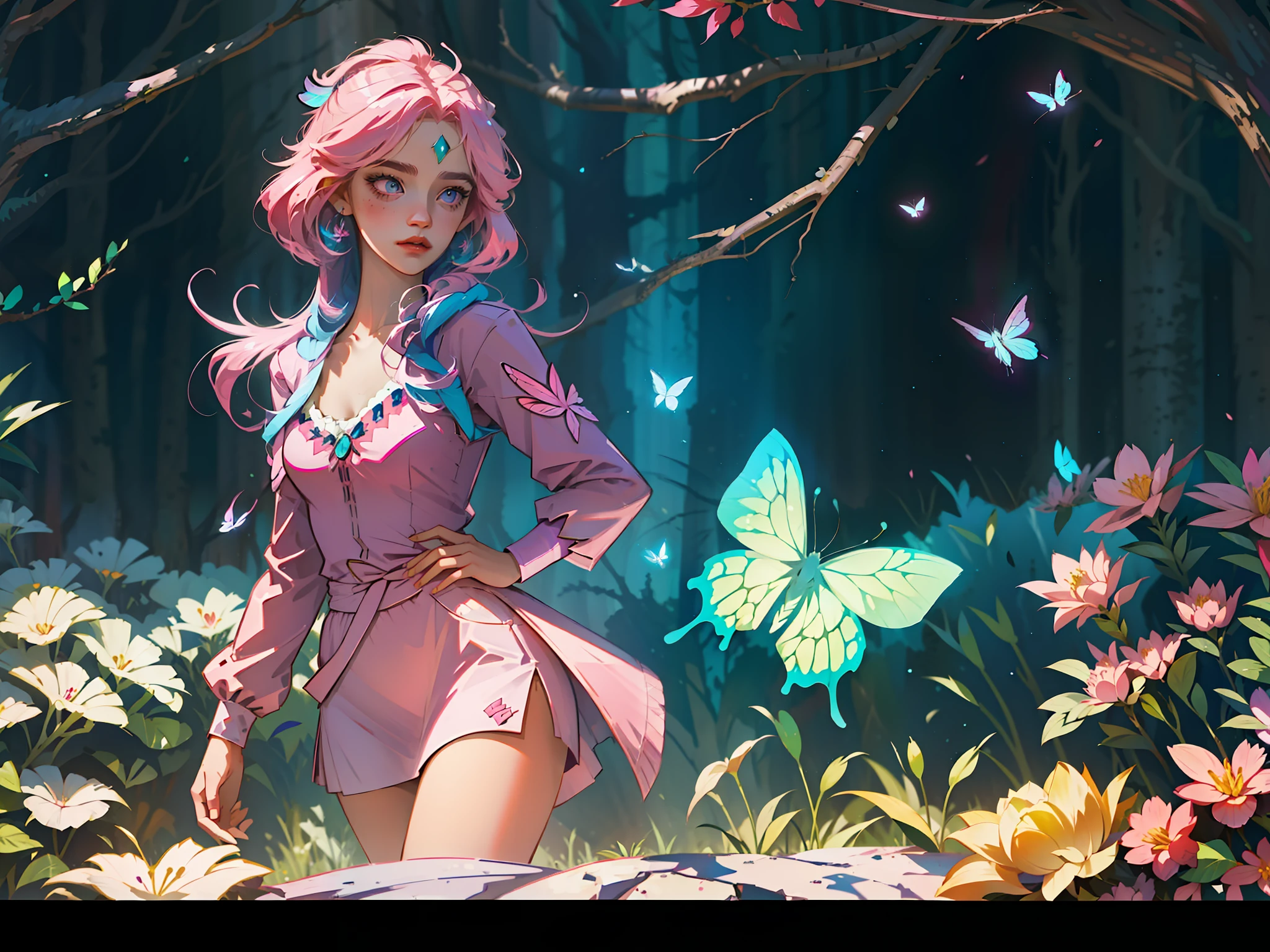 ((masterpiece)),(((best quality))),illustration,1 girl,long hair,hair on eyes, colorfull hair,beautiful eyes,environment Scene change, pink color palette, neon colors, female butterfly, butterfly antennae, holds a crosier, charturnbetalora, 8k,16k, magical forest