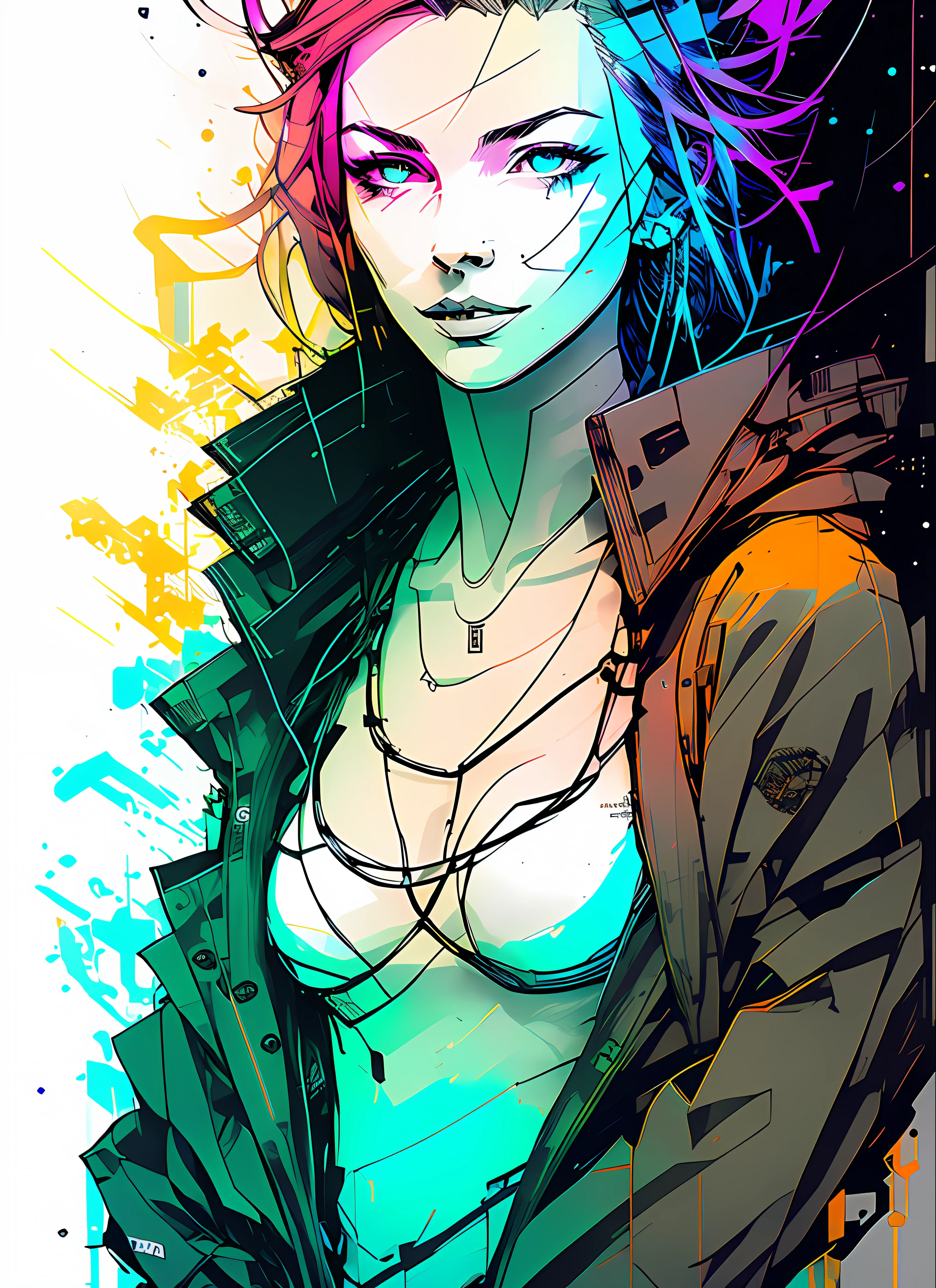 nvinkpunk, detailed portrait vanpire neon operator ((sks woman)), cyberpunk futuristic neon, reflective puffy coat, decorated with traditional japanese ornaments by ismail inceoglu dragan bibin hans thoma greg rutkowski alexandros pyromallis nekro rene maritte illustrated, perfect face, fine details, realistic shaded, fine - face, pretty face